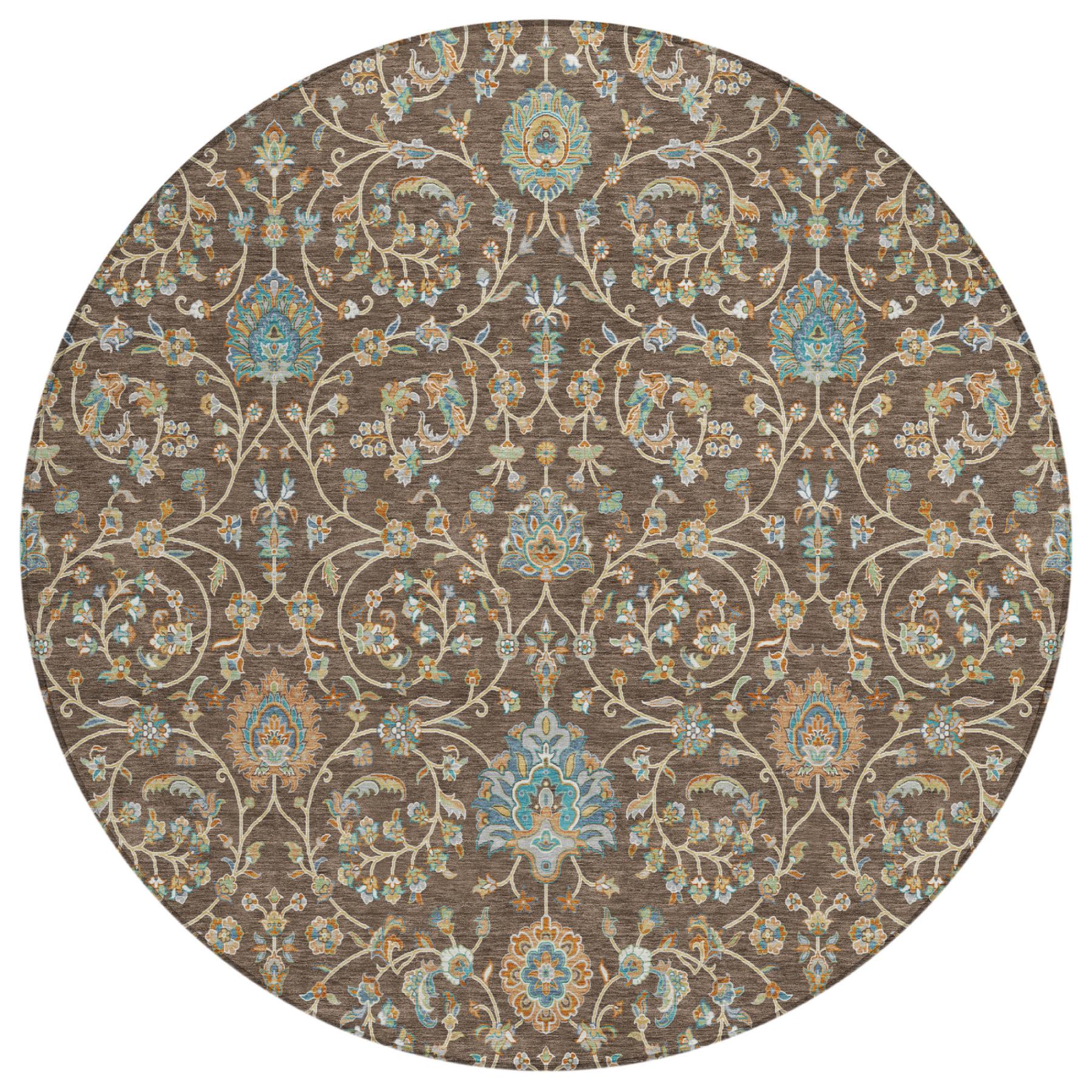 8' Coffee And Brown Round Floral Washable Indoor Outdoor Area Rug Homeroots Outdoor