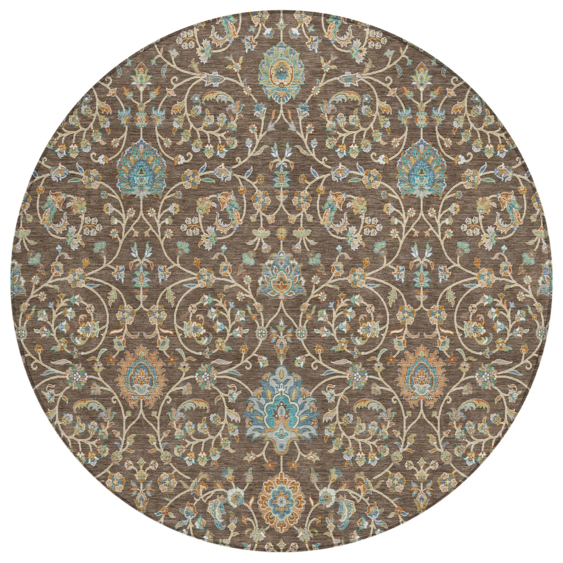 8' Coffee And Brown Round Floral Washable Indoor Outdoor Area Rug Homeroots Outdoor