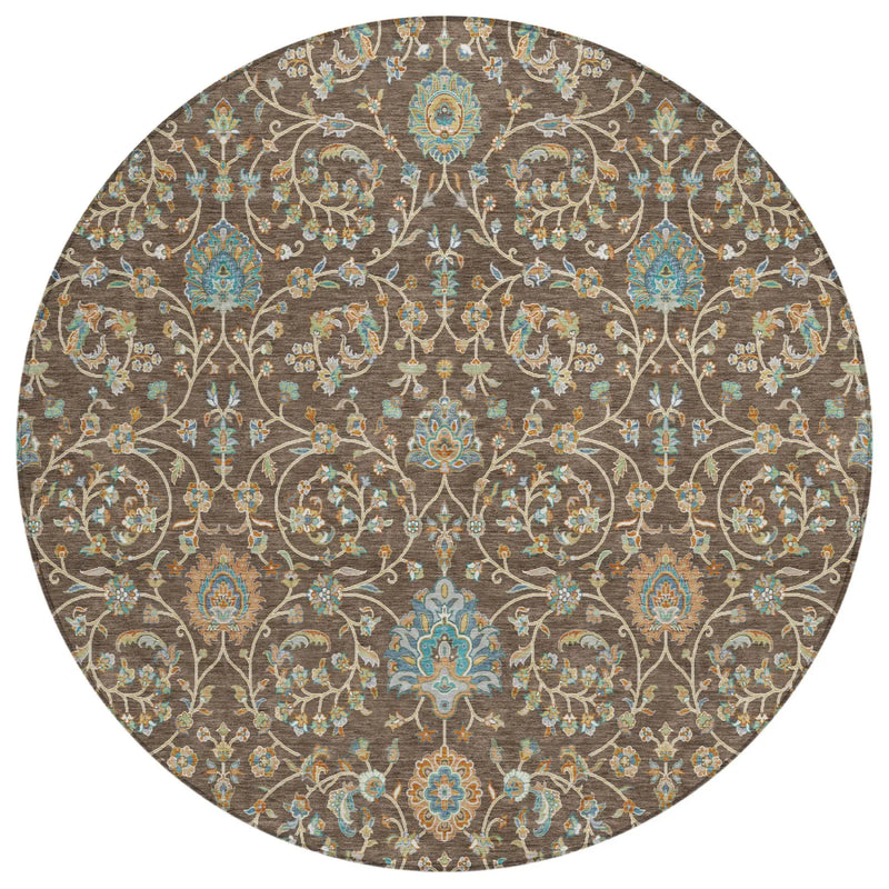 8' Coffee And Brown Round Floral Washable Indoor Outdoor Area Rug Homeroots Outdoor