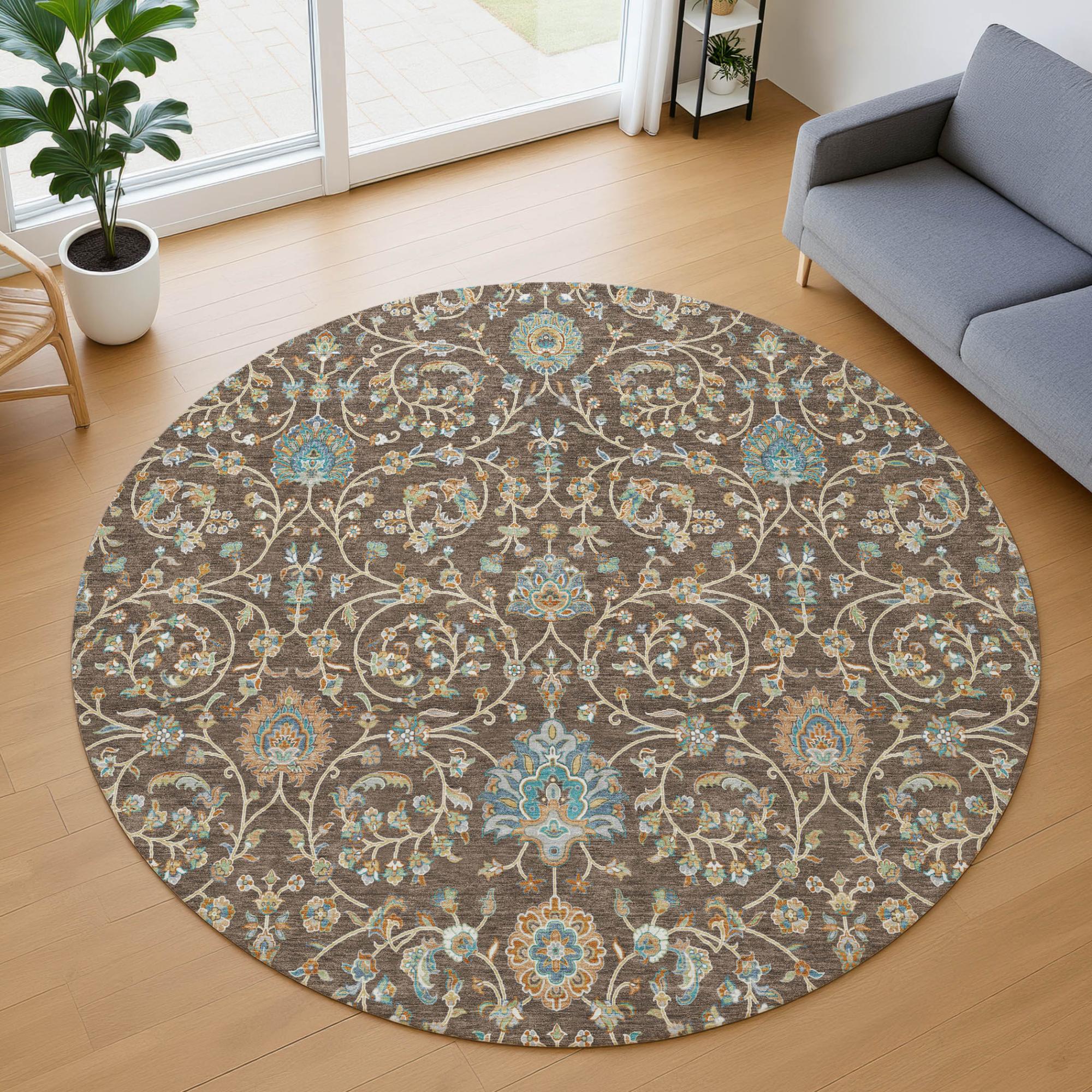 8' Coffee And Brown Round Floral Washable Indoor Outdoor Area Rug Homeroots Outdoor