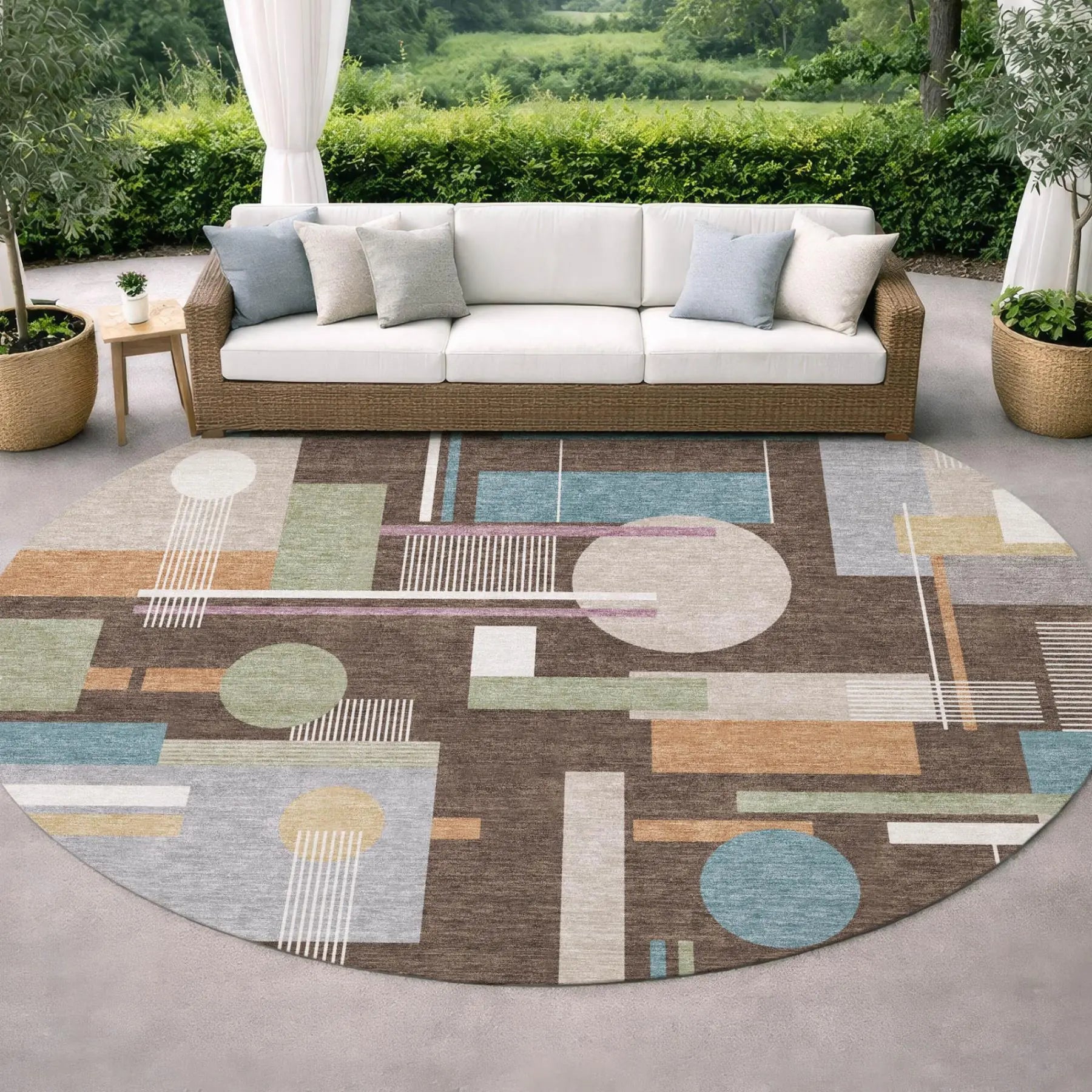 8' Coffee And Brown Round Geometric Washable Indoor Outdoor Area Rug Homeroots Outdoor