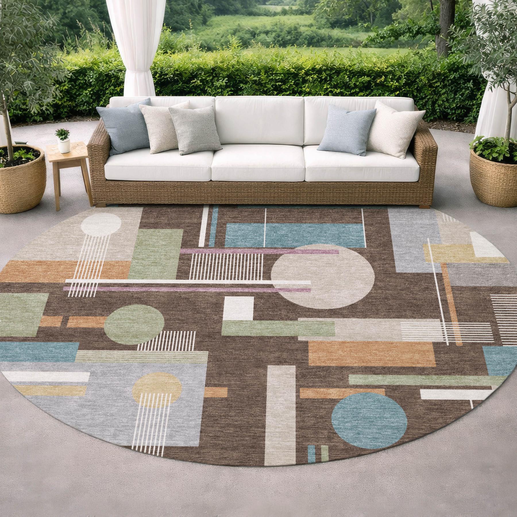 8' Coffee And Brown Round Geometric Washable Indoor Outdoor Area Rug Homeroots Outdoor