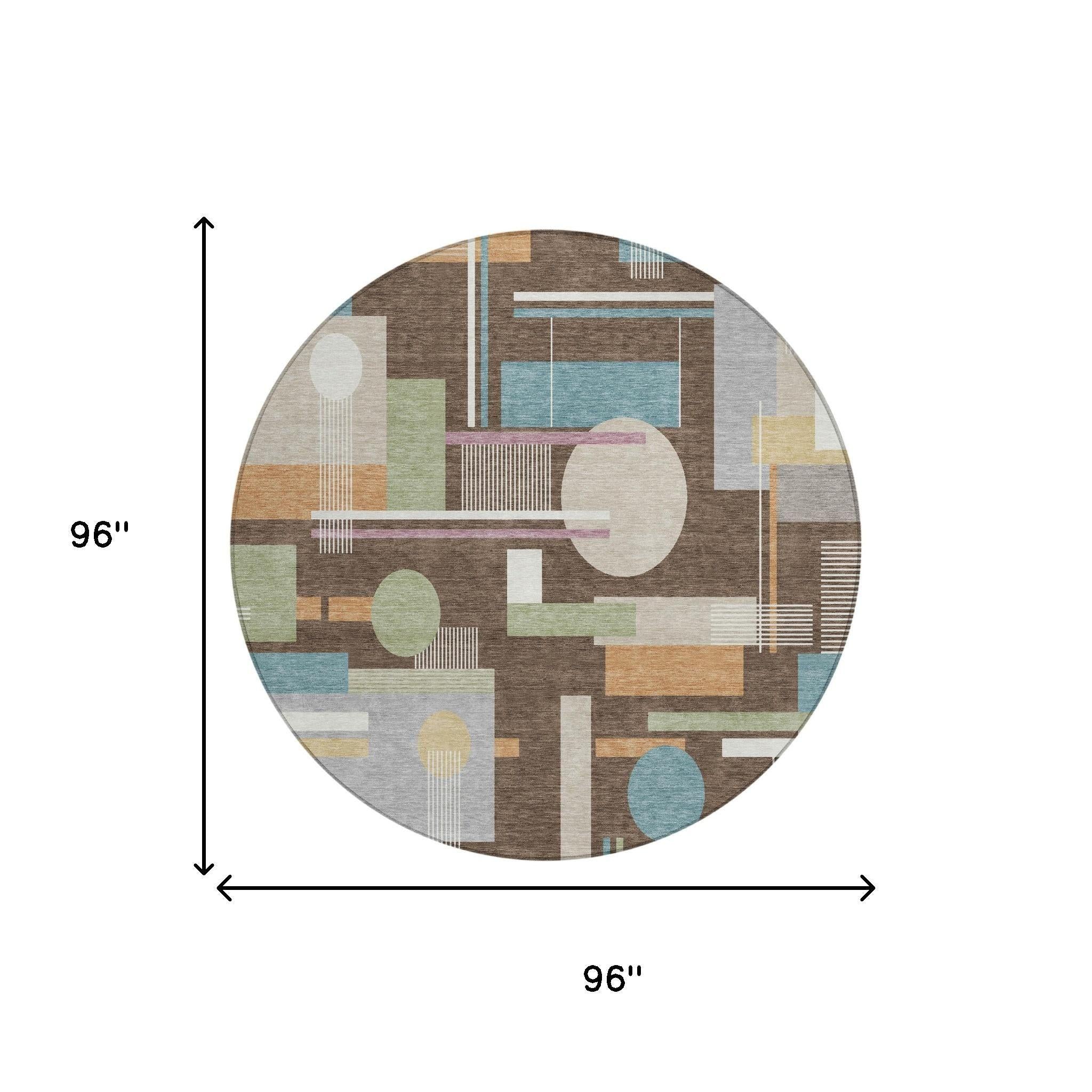 8' Coffee And Brown Round Geometric Washable Indoor Outdoor Area Rug Homeroots Outdoor