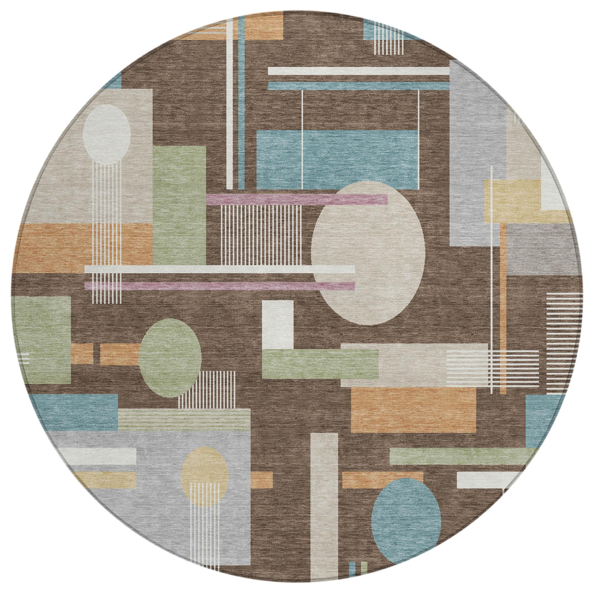 8' Coffee And Brown Round Geometric Washable Indoor Outdoor Area Rug Homeroots Outdoor