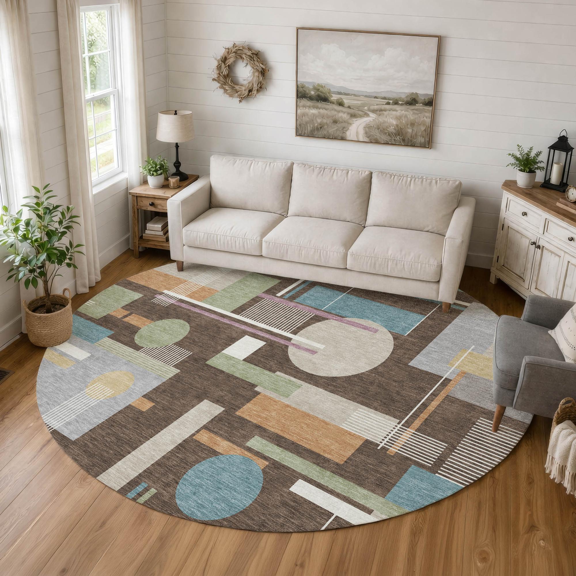 8' Coffee And Brown Round Geometric Washable Indoor Outdoor Area Rug Homeroots Outdoor