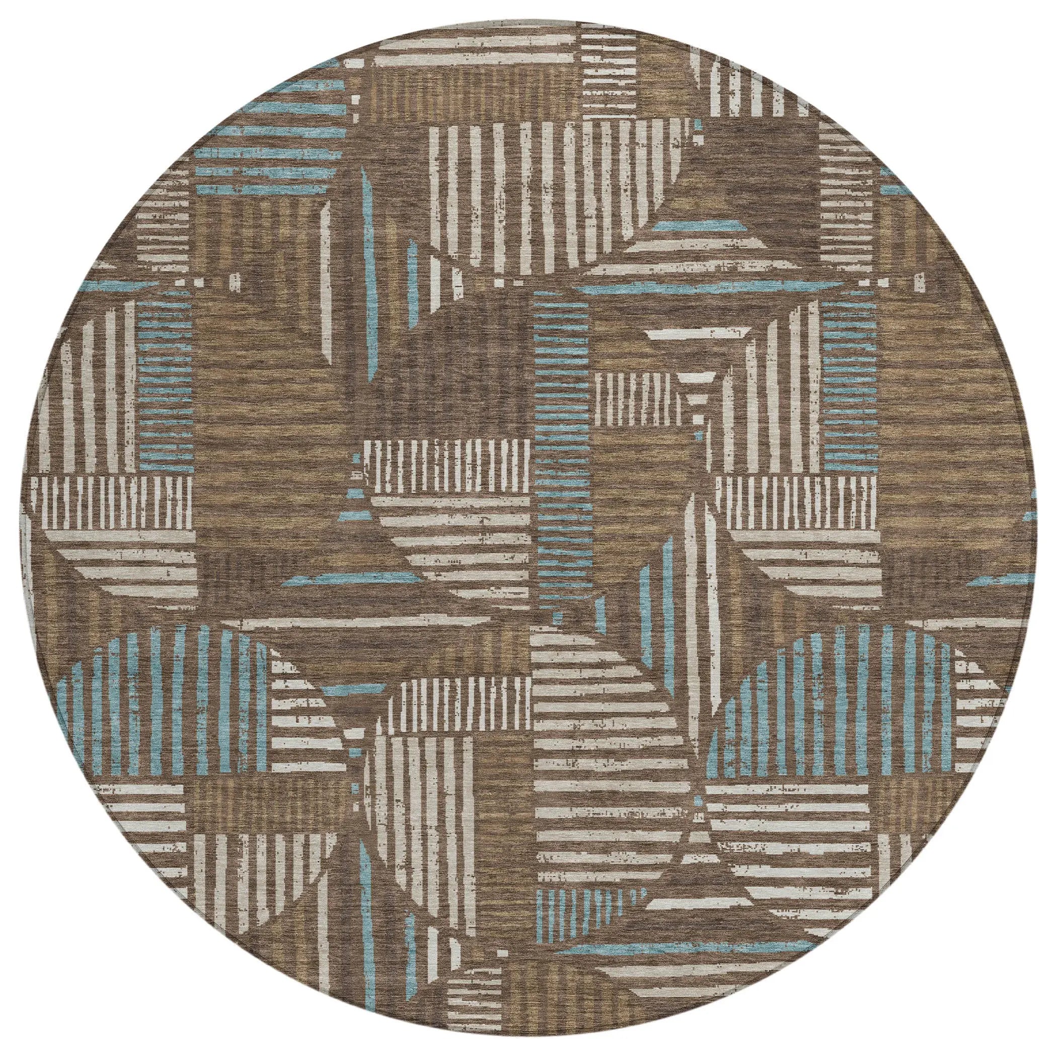 8' Coffee And Graphite Round Geometric Washable Indoor Outdoor Area Rug Homeroots Outdoor
