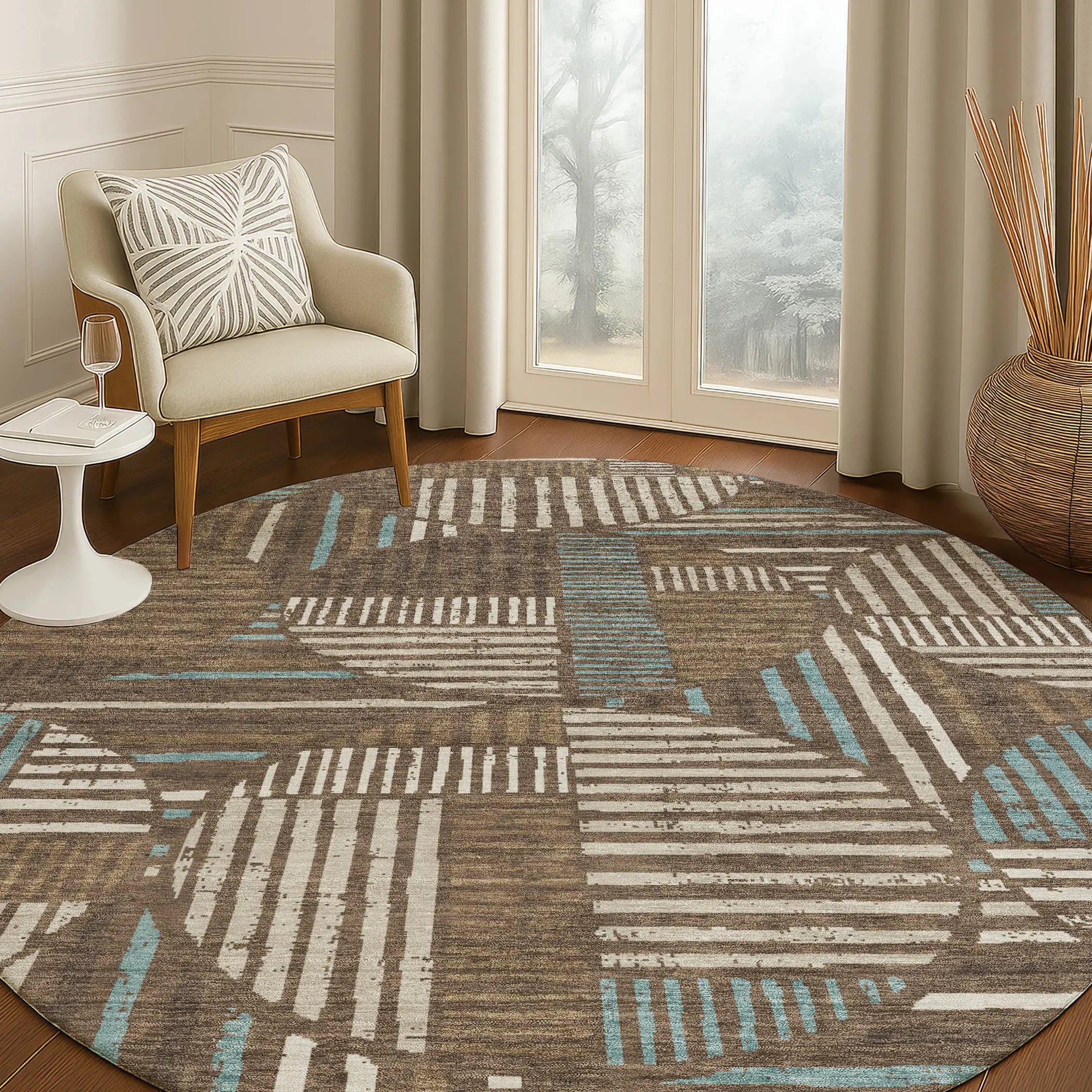 8' Coffee And Graphite Round Geometric Washable Indoor Outdoor Area Rug Homeroots Outdoor