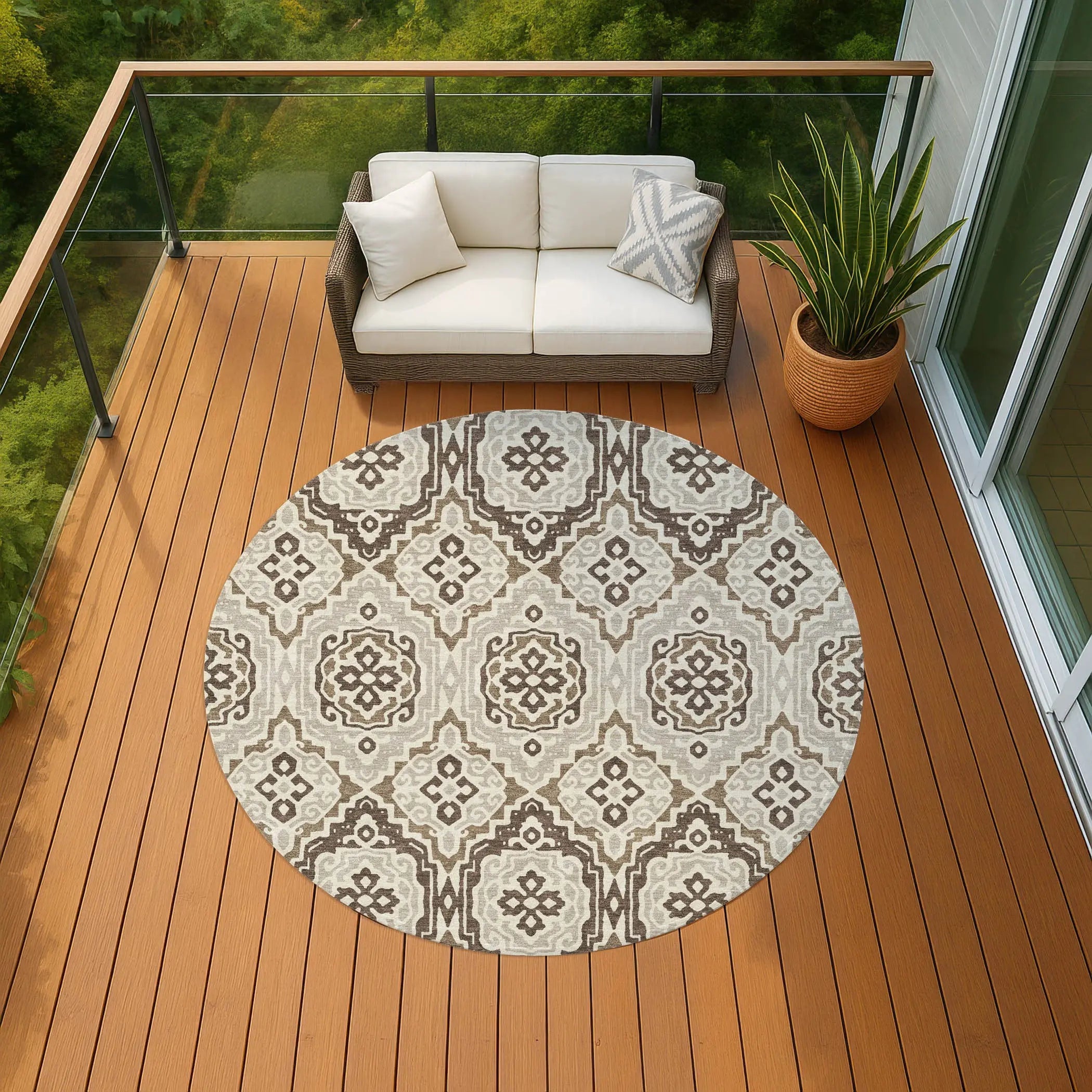 8' Coffee And Gray Round Tribal Washable Indoor Outdoor Area Rug Homeroots Outdoor