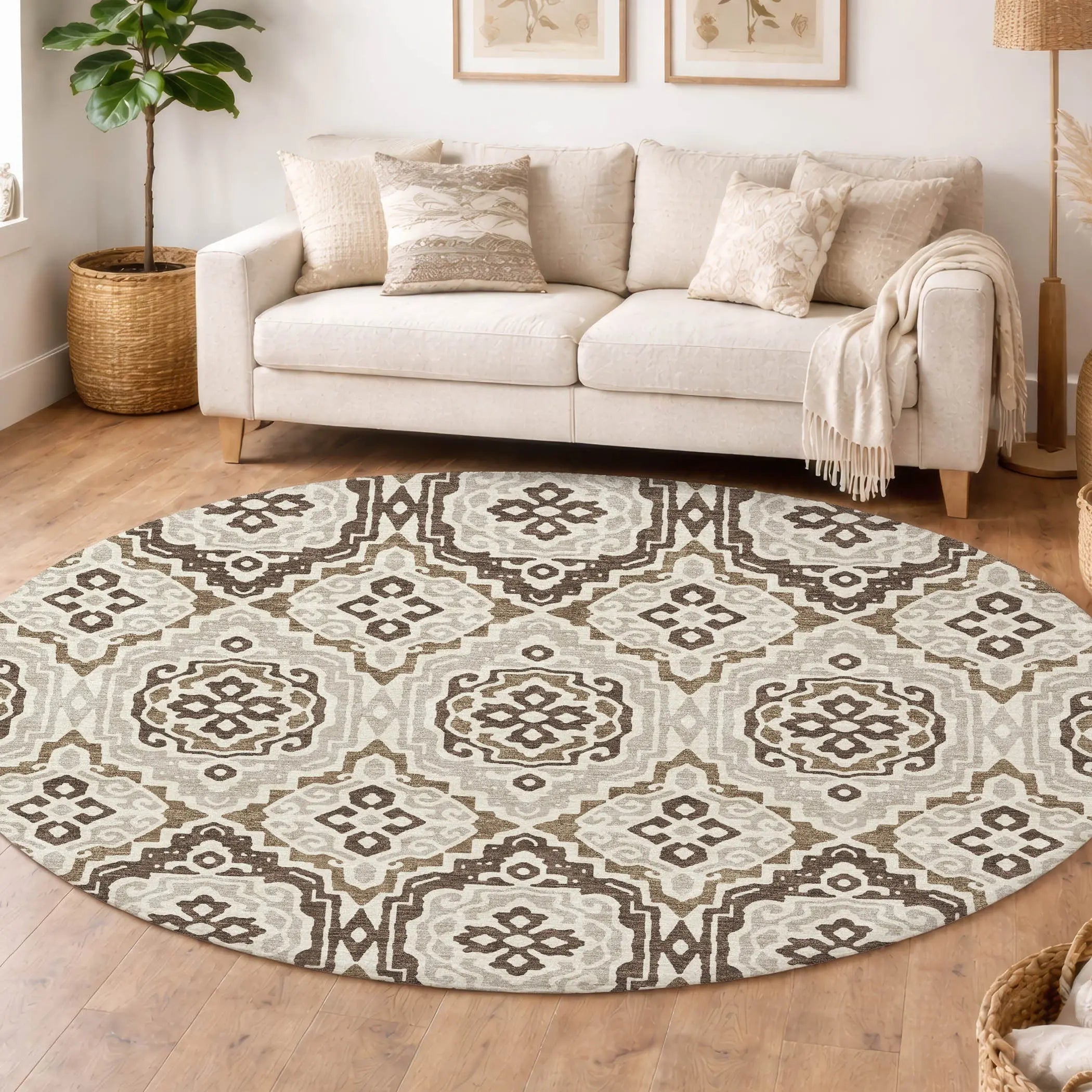 8' Coffee And Gray Round Tribal Washable Indoor Outdoor Area Rug Homeroots Outdoor