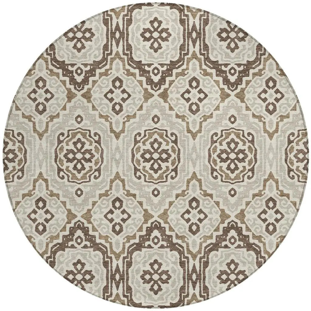 8' Coffee And Gray Round Tribal Washable Indoor Outdoor Area Rug Homeroots Outdoor