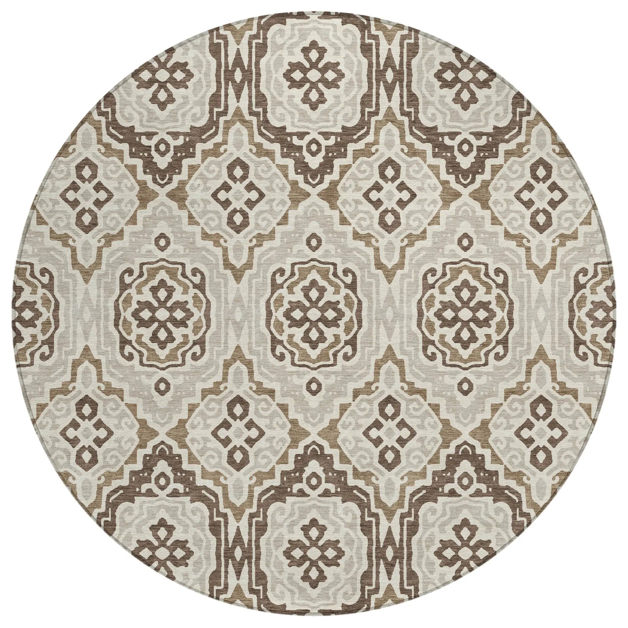 8' Coffee And Gray Round Tribal Washable Indoor Outdoor Area Rug Homeroots Outdoor