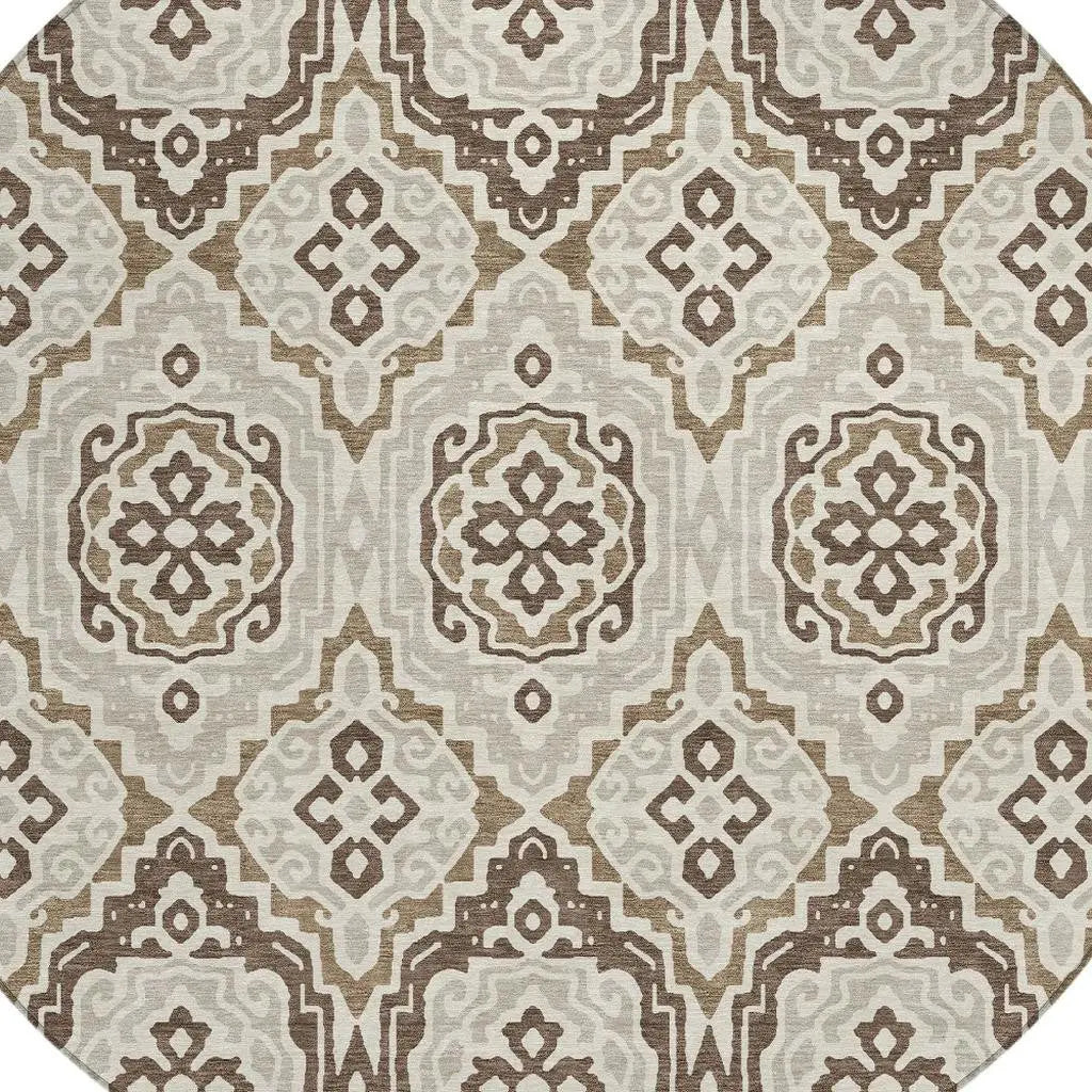 8' Coffee And Gray Round Tribal Washable Indoor Outdoor Area Rug Homeroots Outdoor