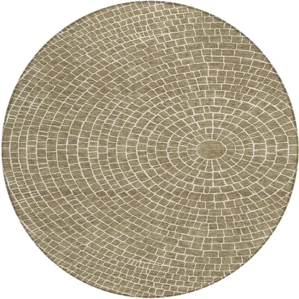 8' Coffee And Ivory Round Geometric Washable Indoor Outdoor Area Rug Homeroots Outdoor