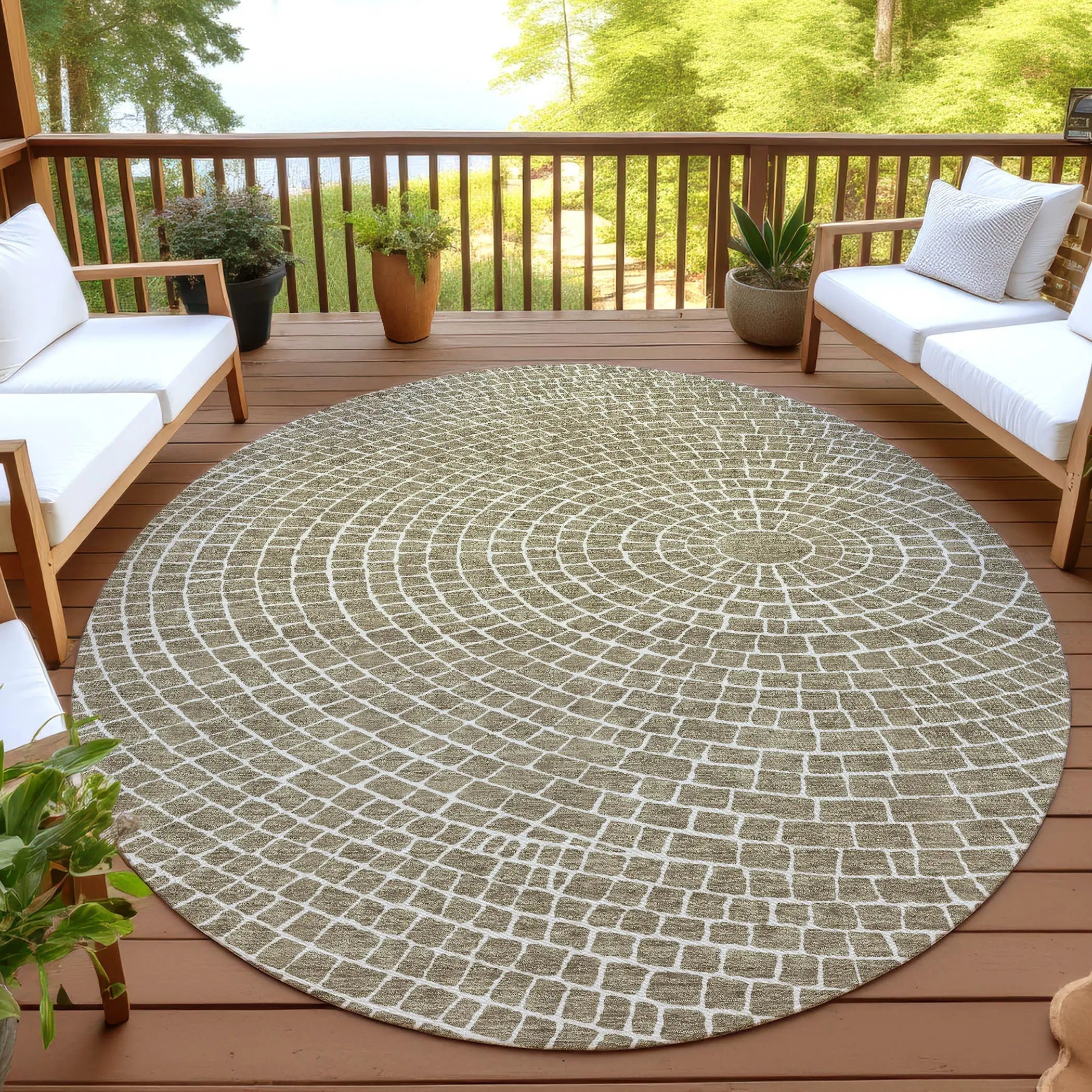 8' Coffee And Ivory Round Geometric Washable Indoor Outdoor Area Rug Homeroots Outdoor
