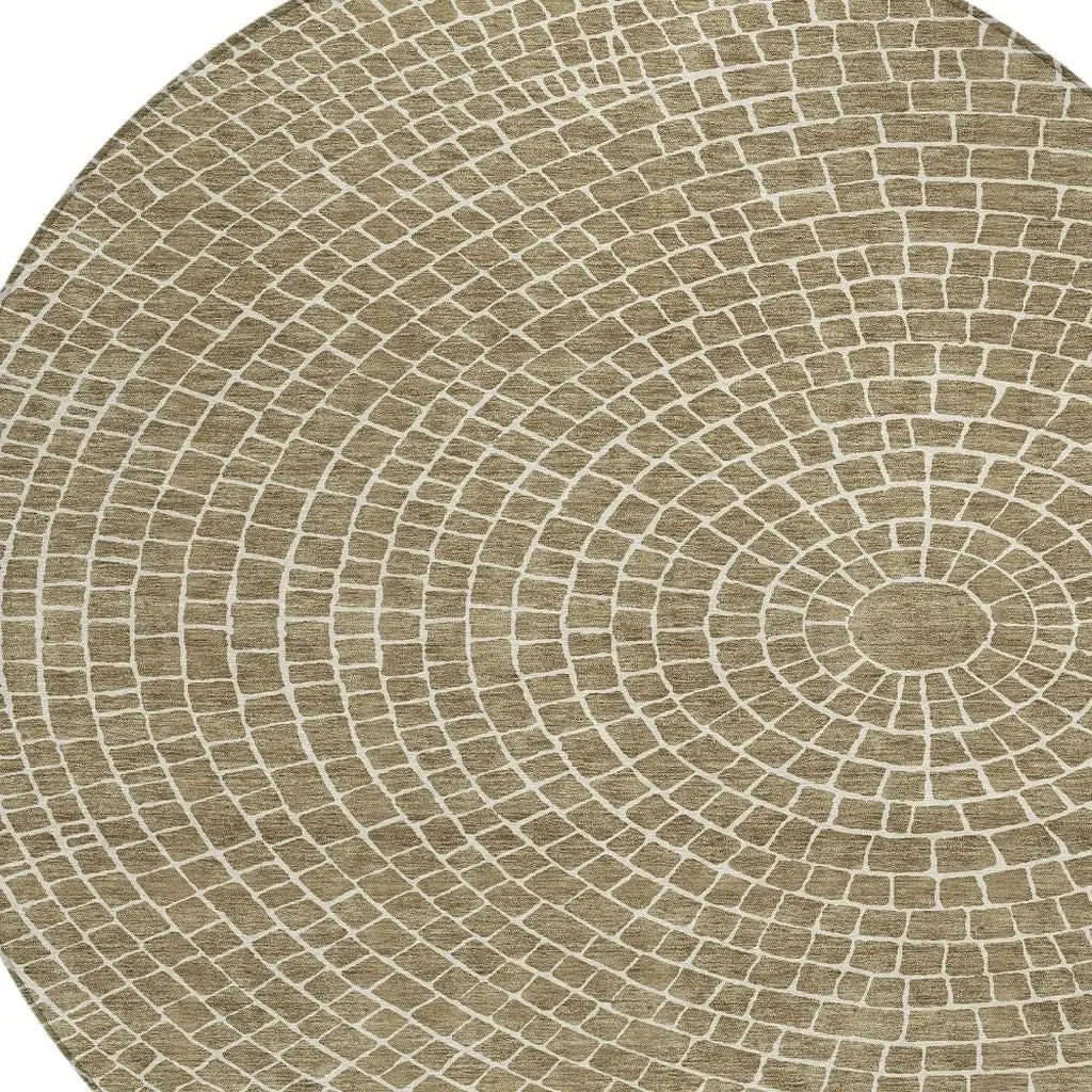 8' Coffee And Ivory Round Geometric Washable Indoor Outdoor Area Rug Homeroots Outdoor