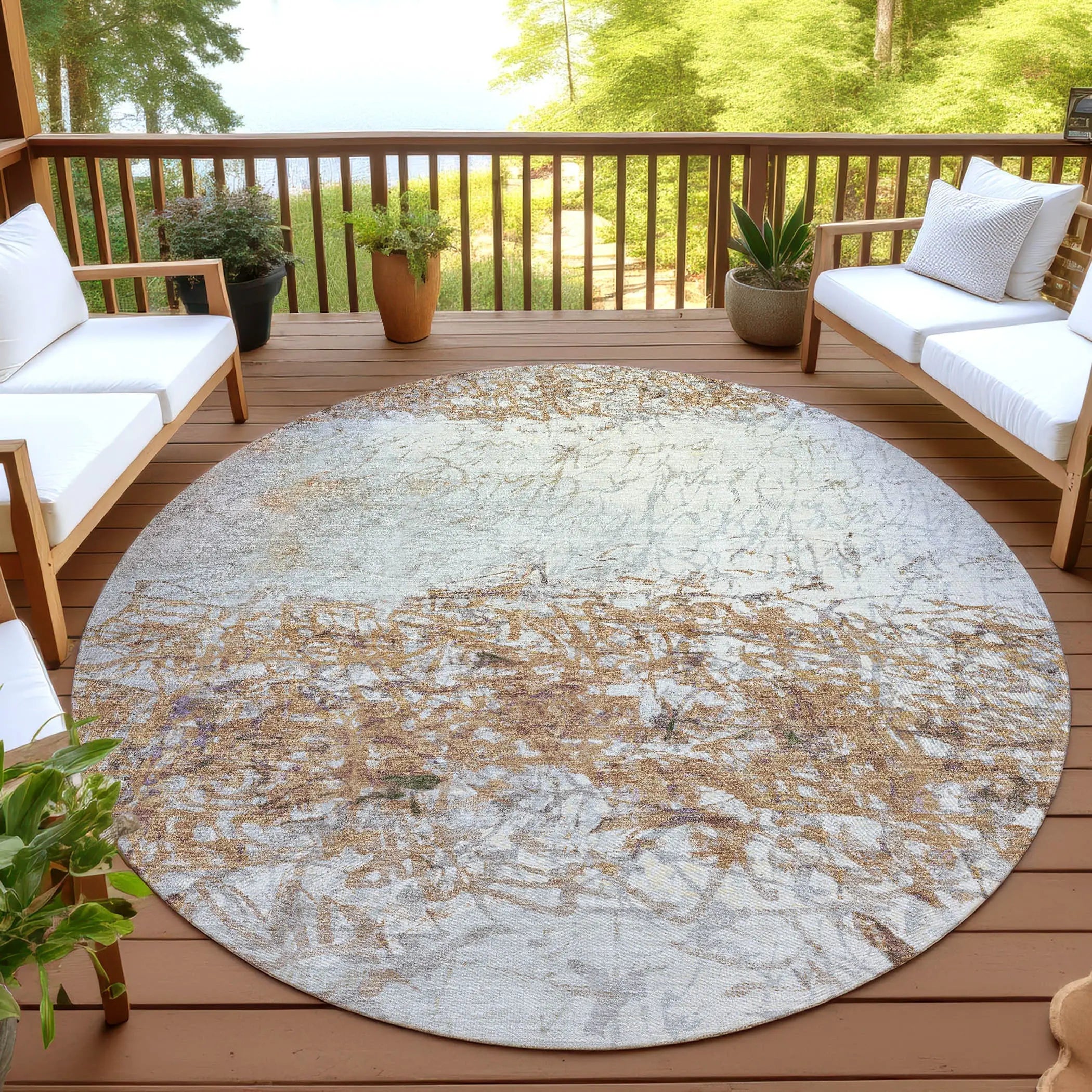8' Copper And Beige Round Abstract Washable Indoor Outdoor Area Rug Homeroots Outdoor
