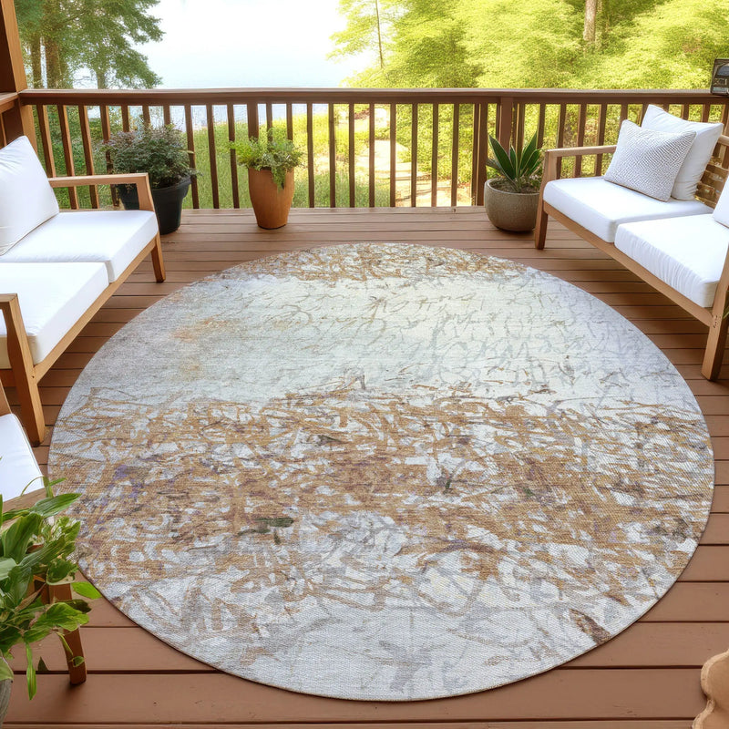 8' Copper And Beige Round Abstract Washable Indoor Outdoor Area Rug Homeroots Outdoor