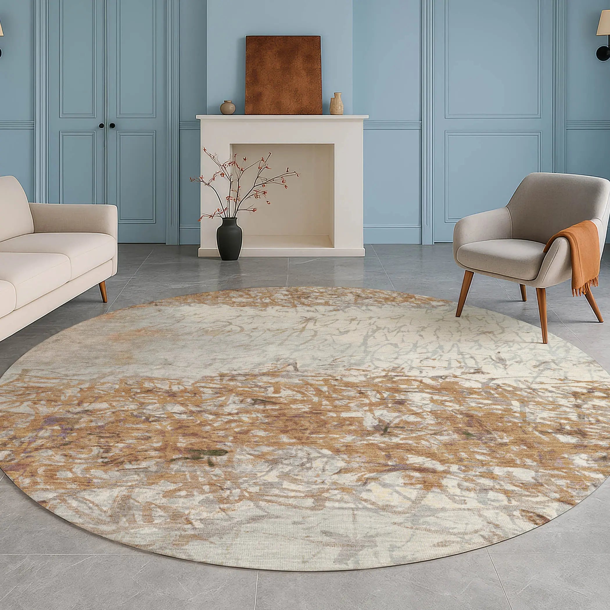 8' Copper And Beige Round Abstract Washable Indoor Outdoor Area Rug Homeroots Outdoor