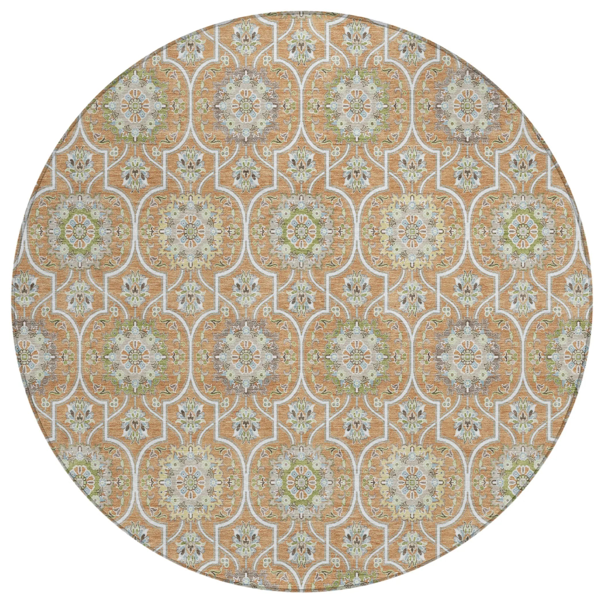8' Copper And Beige Round Floral Medallion Washable Indoor Outdoor Area Rug Homeroots Outdoor
