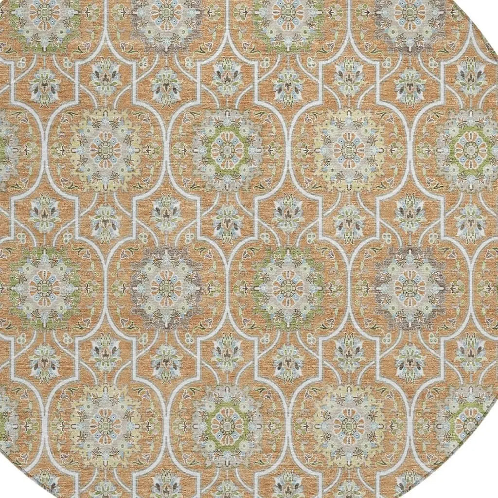 8' Copper And Beige Round Floral Medallion Washable Indoor Outdoor Area Rug Homeroots Outdoor