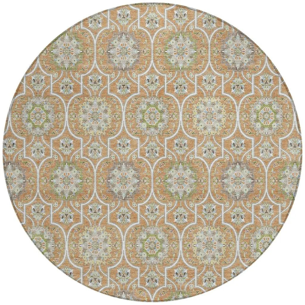 8' Copper And Beige Round Floral Medallion Washable Indoor Outdoor Area Rug Homeroots Outdoor