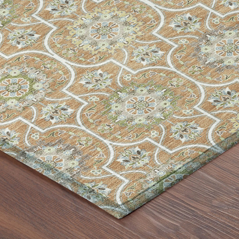 8' Copper And Beige Round Floral Medallion Washable Indoor Outdoor Area Rug Homeroots Outdoor