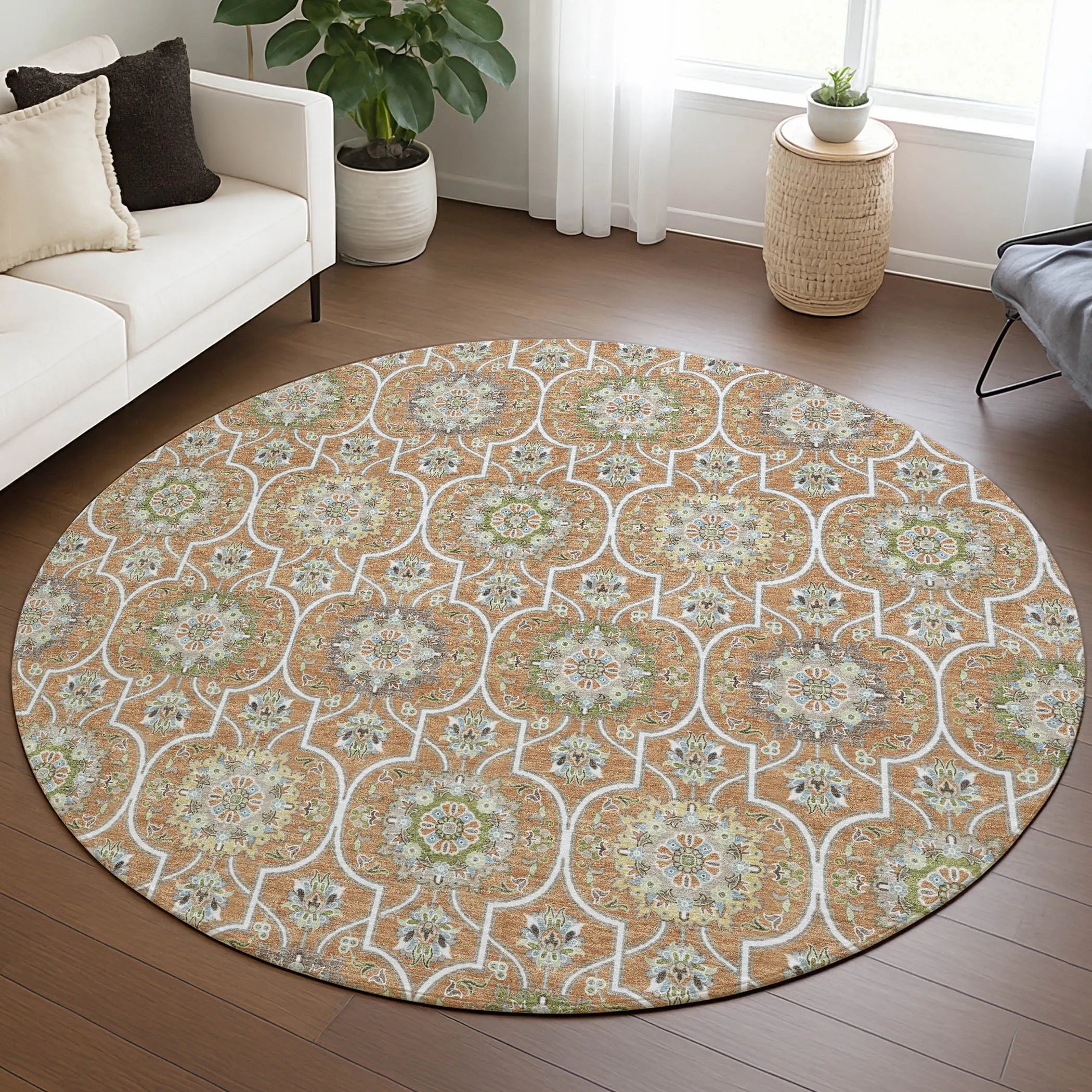 8' Copper And Beige Round Floral Medallion Washable Indoor Outdoor Area Rug Homeroots Outdoor