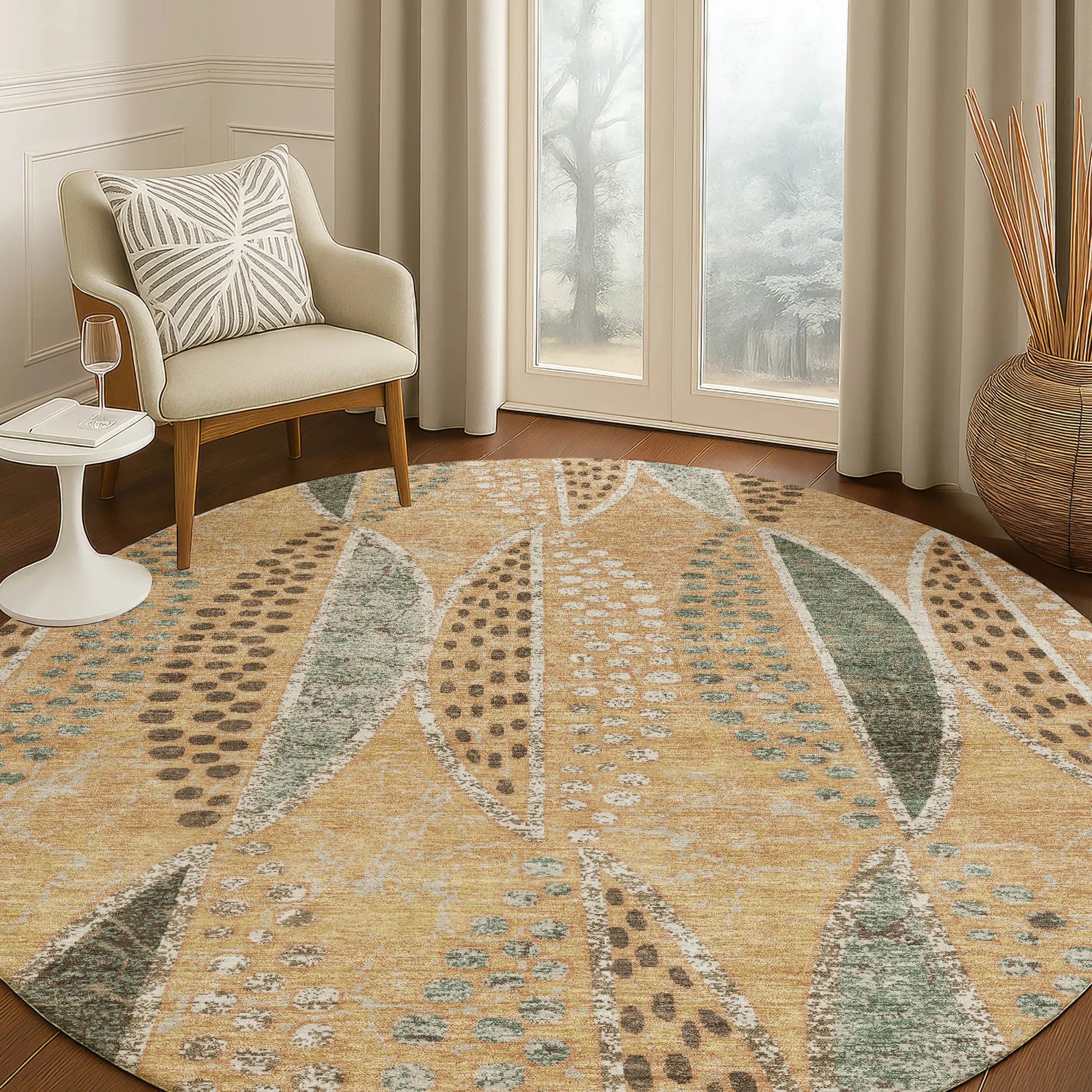 8' Copper And Beige Round Geometric Washable Indoor Outdoor Area Rug Homeroots Outdoor