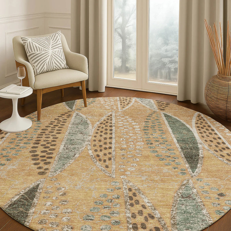 8' Copper And Beige Round Geometric Washable Indoor Outdoor Area Rug Homeroots Outdoor