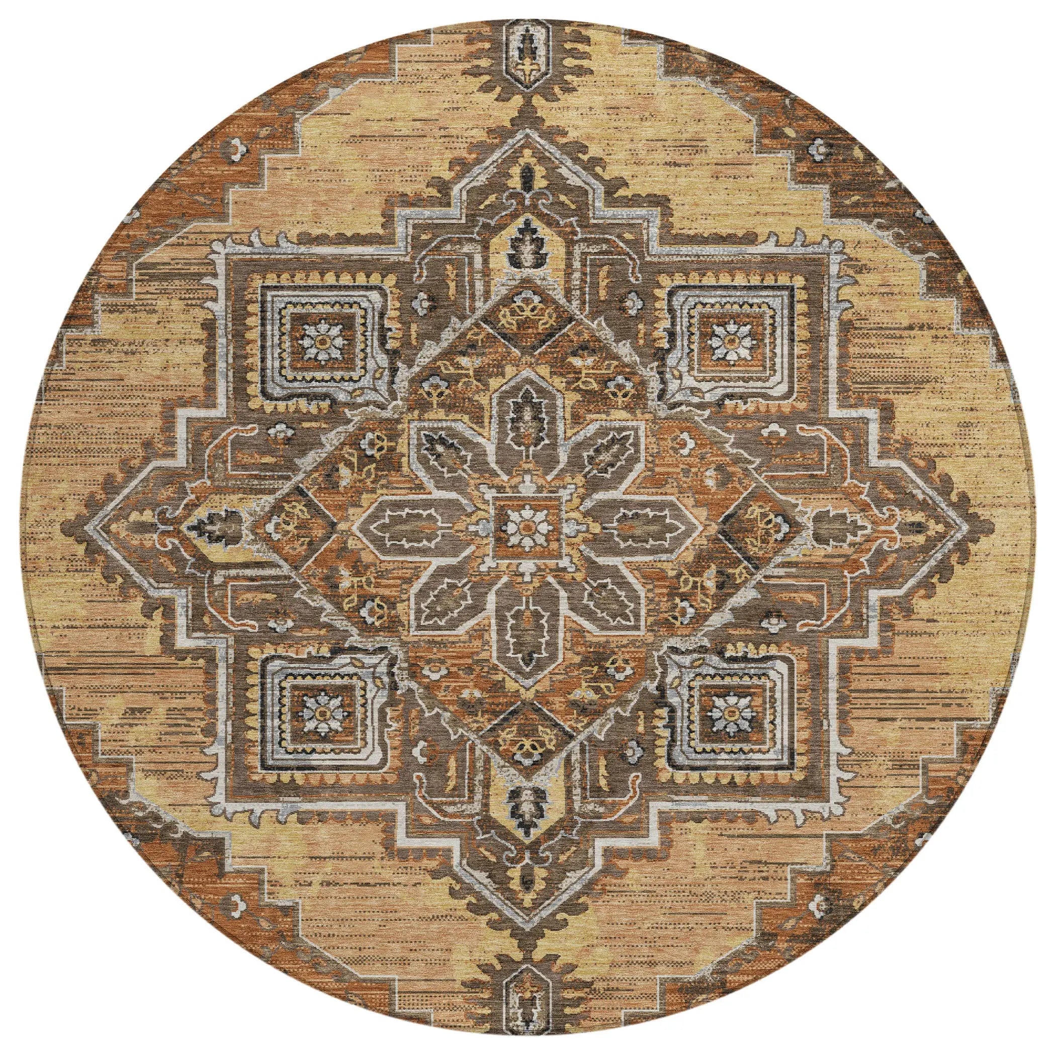 8' Copper And Beige Round Oriental Washable Indoor Outdoor Area Rug Homeroots Outdoor