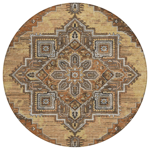 8' Copper And Beige Round Oriental Washable Indoor Outdoor Area Rug Homeroots Outdoor
