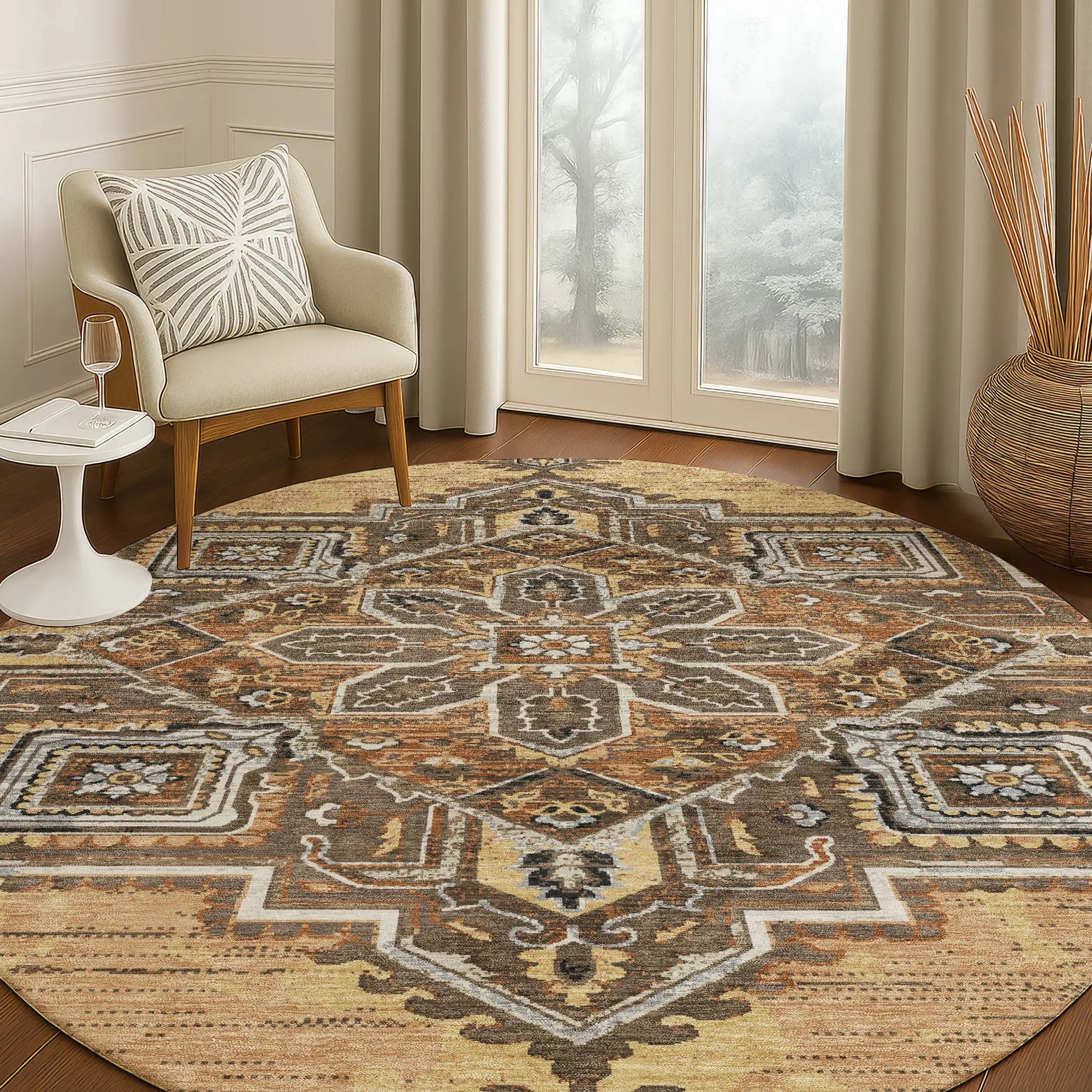 8' Copper And Beige Round Oriental Washable Indoor Outdoor Area Rug Homeroots Outdoor
