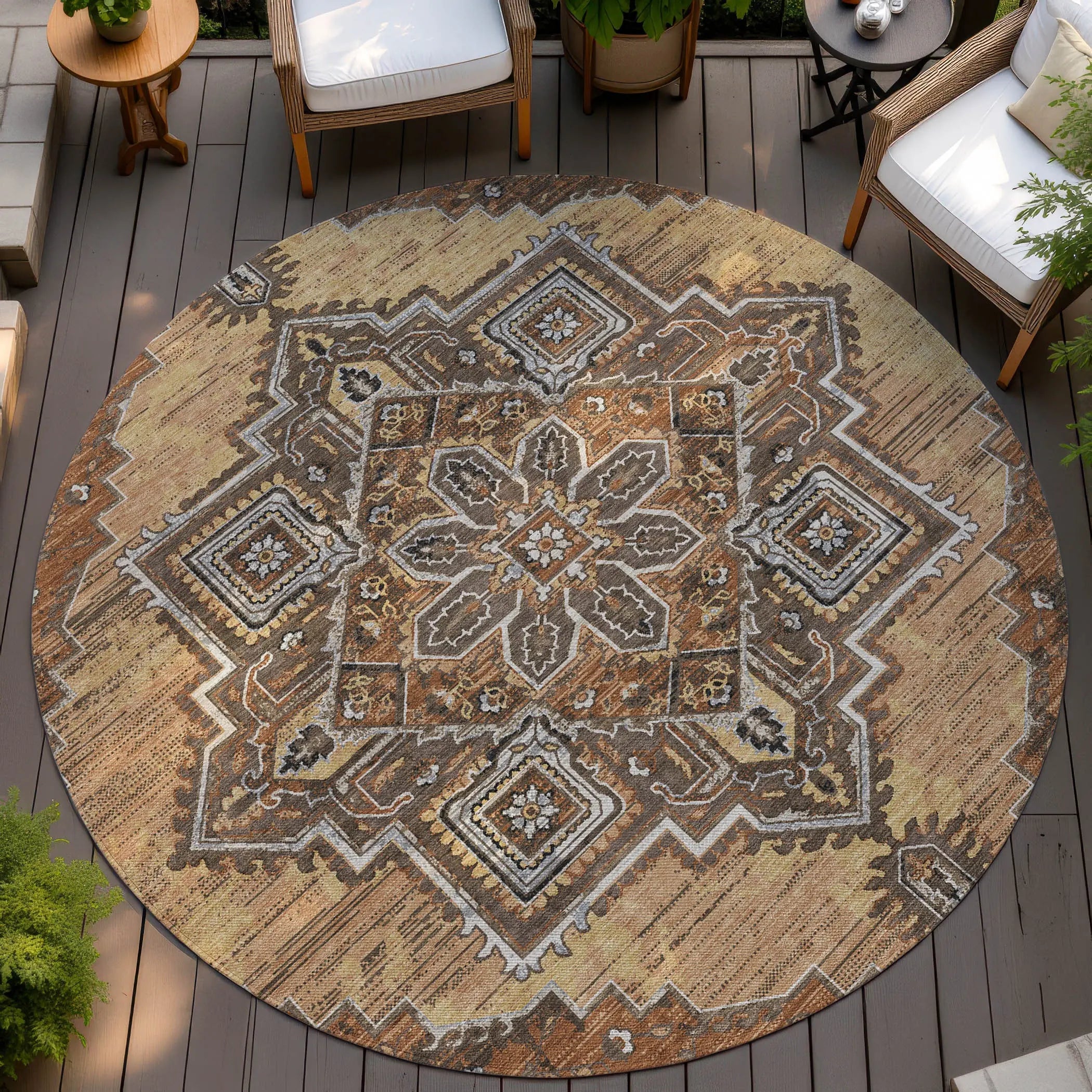 8' Copper And Beige Round Oriental Washable Indoor Outdoor Area Rug Homeroots Outdoor