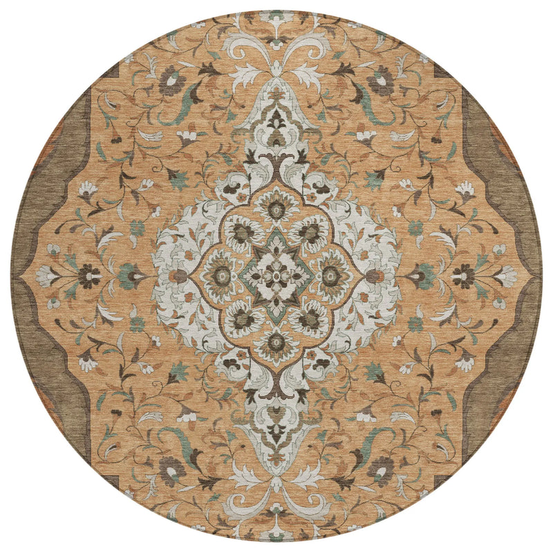 8' Copper And Blue Round Medallion Washable Indoor Outdoor Area Rug Homeroots Outdoor