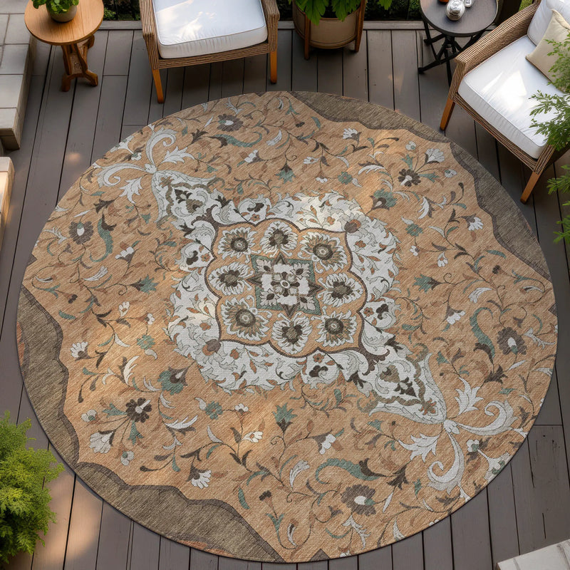 8' Copper And Blue Round Medallion Washable Indoor Outdoor Area Rug Homeroots Outdoor