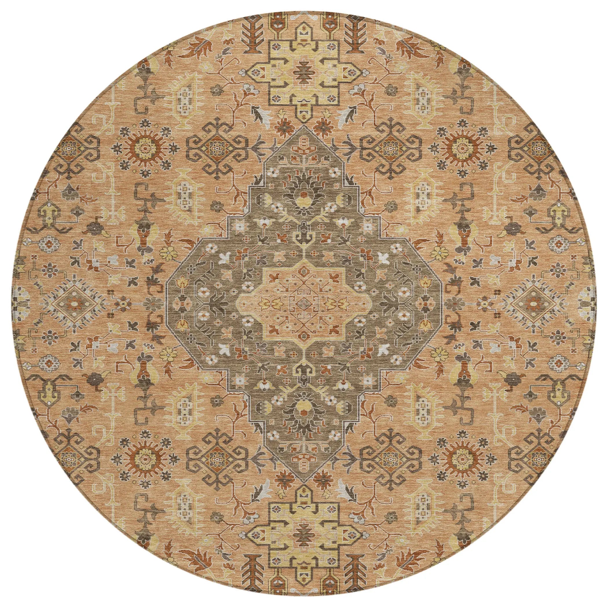 8' Copper And Blue Round Medallion Washable Indoor Outdoor Area Rug Homeroots Outdoor