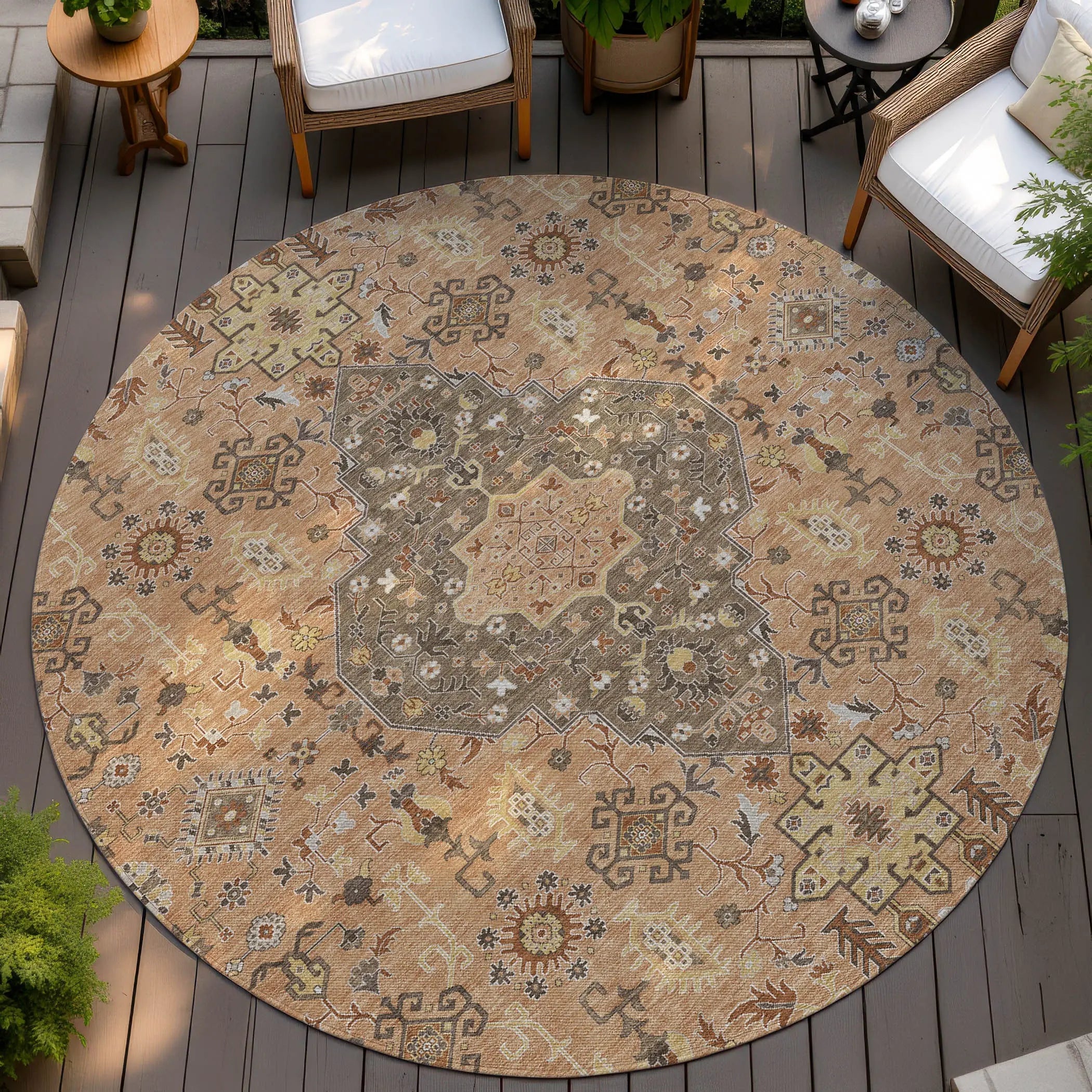 8' Copper And Blue Round Medallion Washable Indoor Outdoor Area Rug Homeroots Outdoor