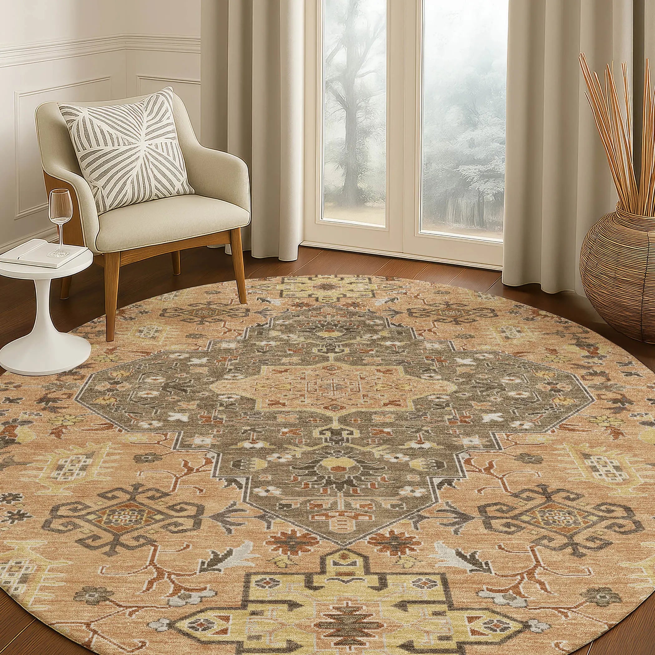 8' Copper And Blue Round Medallion Washable Indoor Outdoor Area Rug Homeroots Outdoor