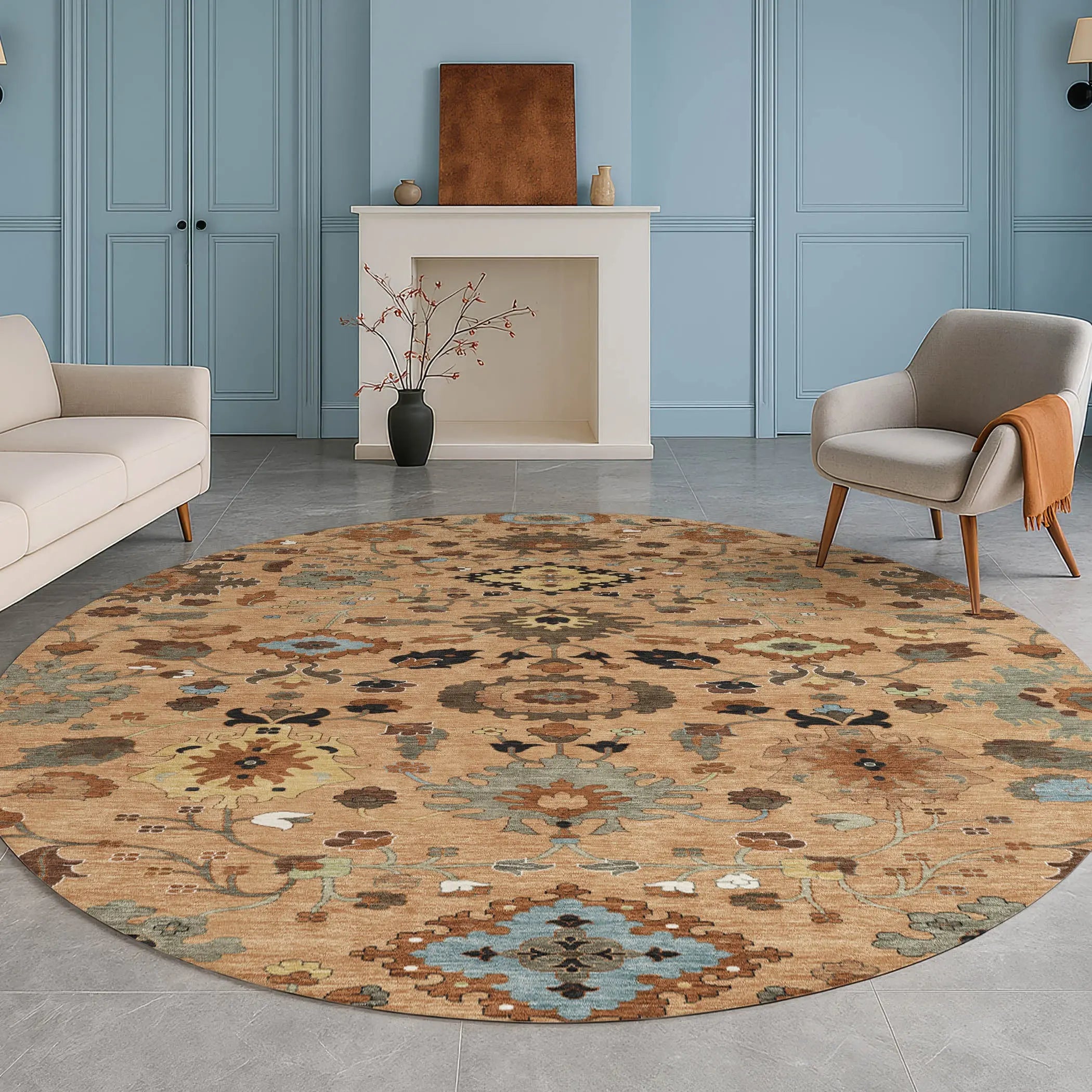 8' Copper And Brown Round Floral Medallion Washable Indoor Outdoor Area Rug Homeroots Outdoor