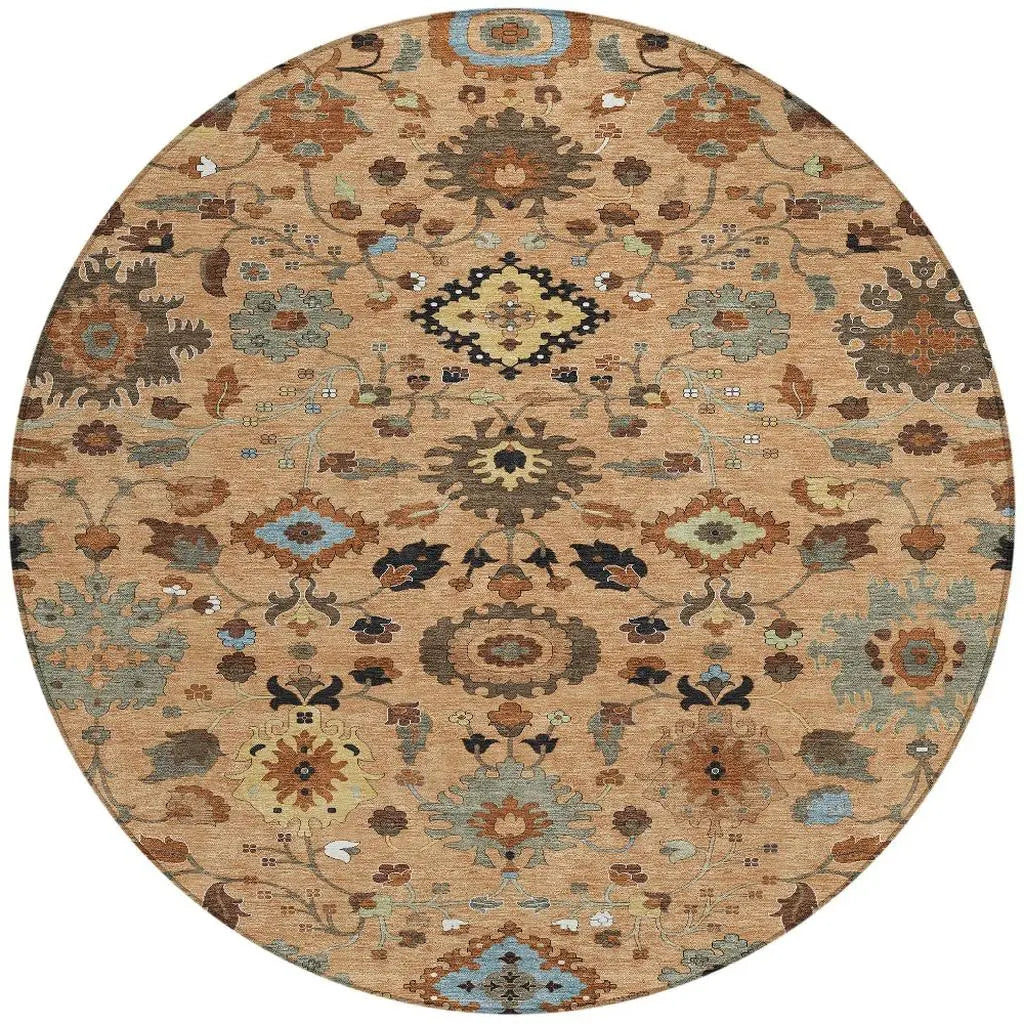 8' Copper And Brown Round Floral Medallion Washable Indoor Outdoor Area Rug Homeroots Outdoor