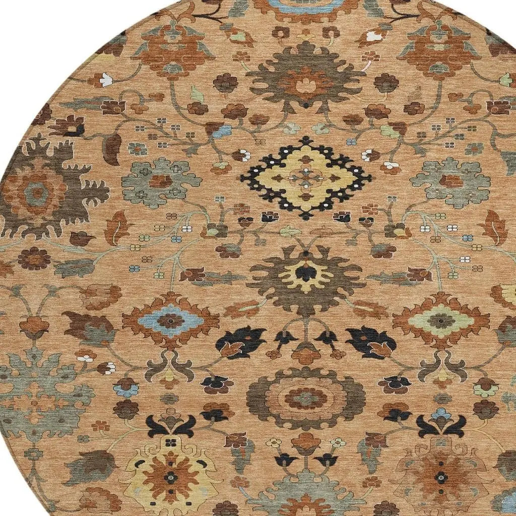 8' Copper And Brown Round Floral Medallion Washable Indoor Outdoor Area Rug Homeroots Outdoor