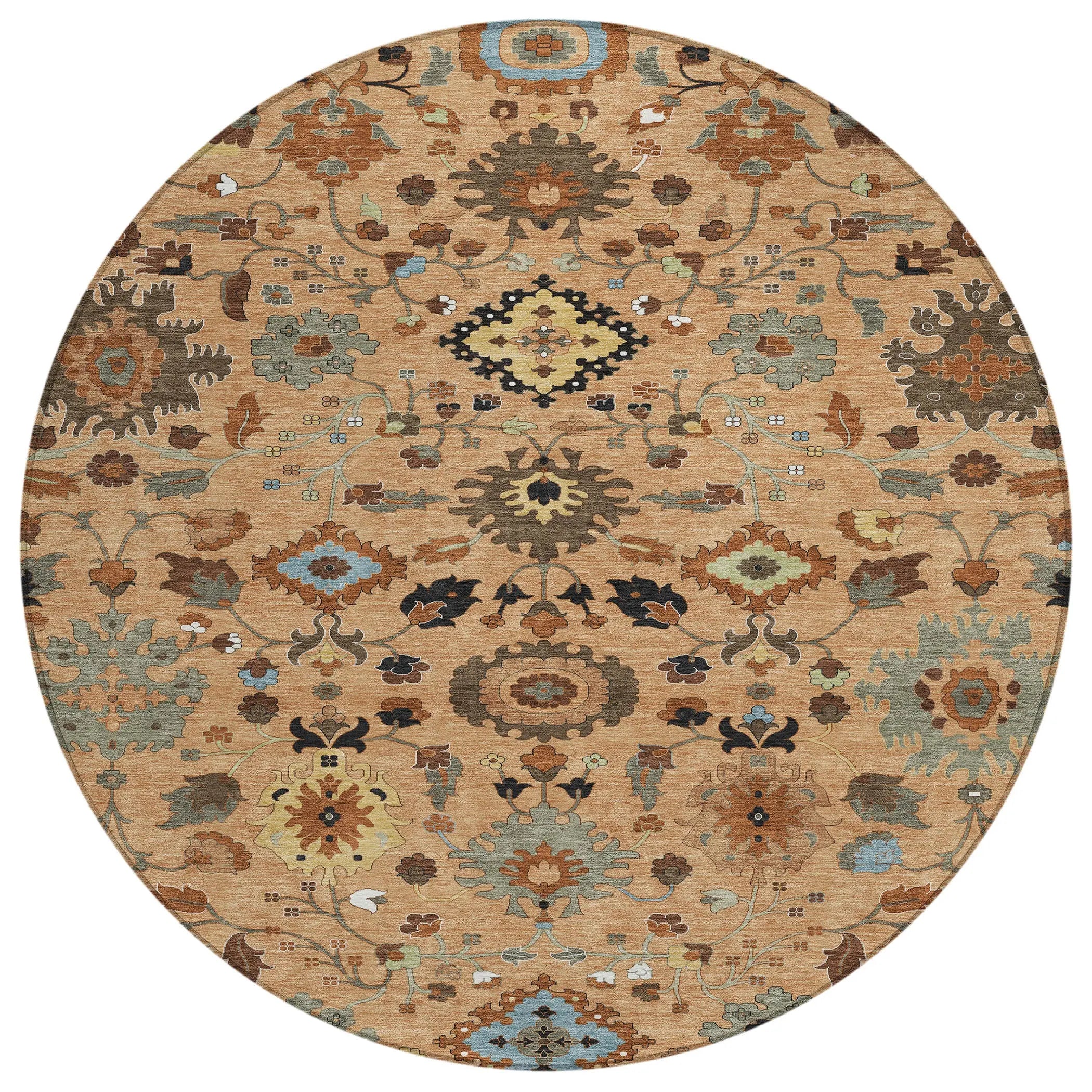 8' Copper And Brown Round Floral Medallion Washable Indoor Outdoor Area Rug Homeroots Outdoor