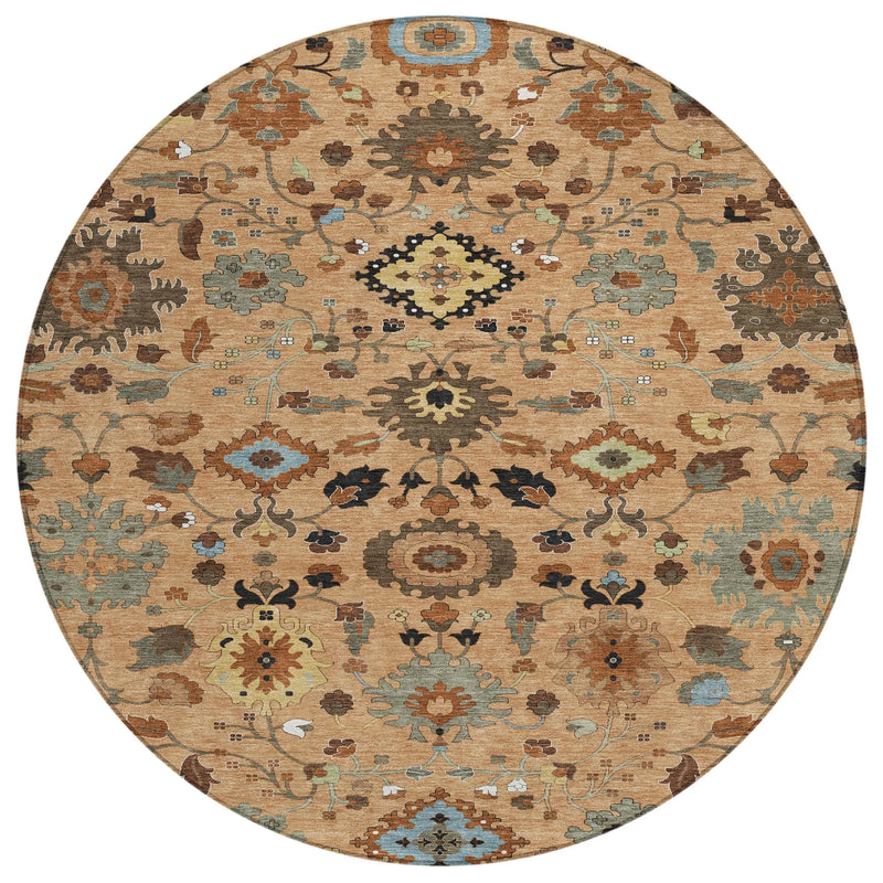 8' Copper And Brown Round Floral Medallion Washable Indoor Outdoor Area Rug Homeroots Outdoor