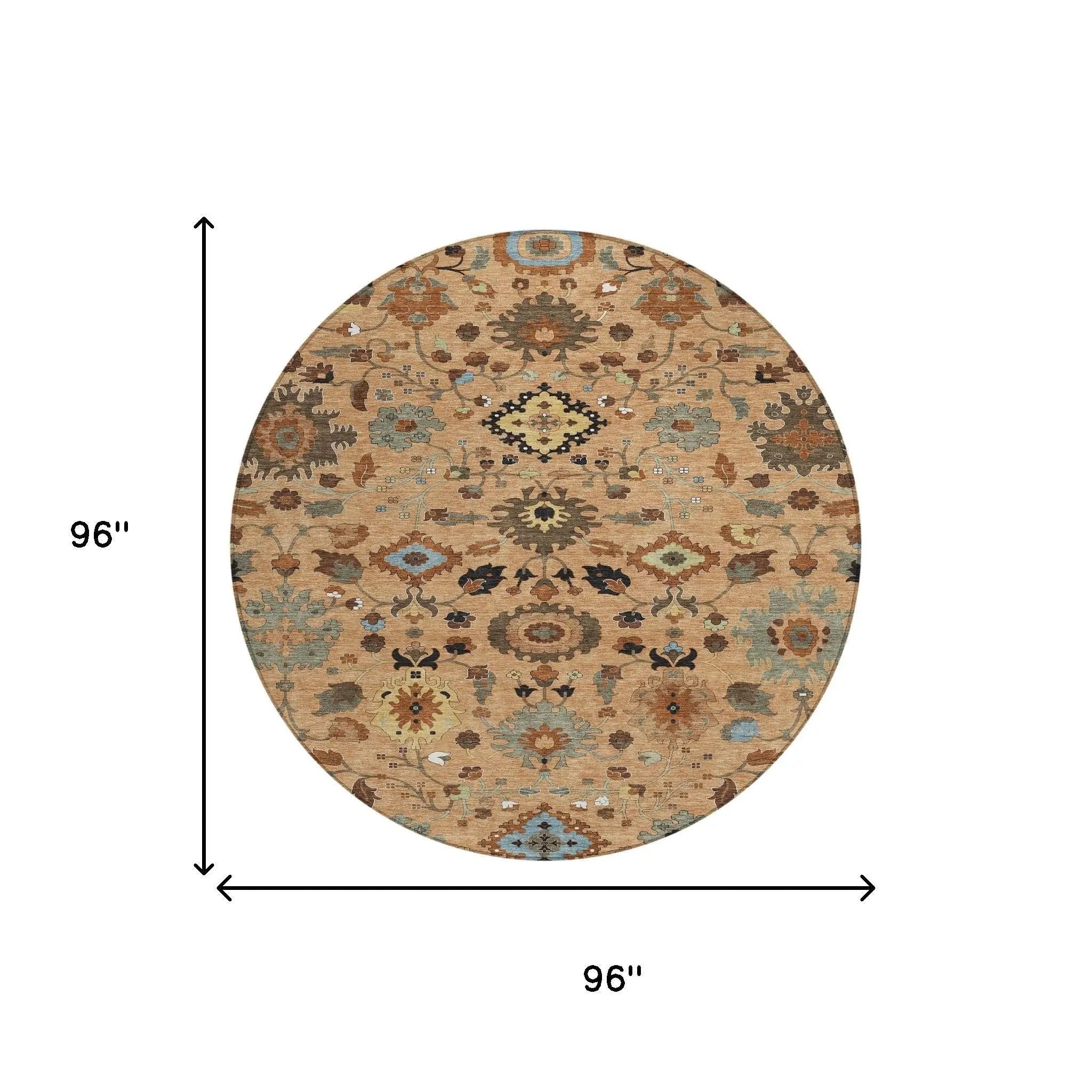 8' Copper And Brown Round Floral Medallion Washable Indoor Outdoor Area Rug Homeroots Outdoor