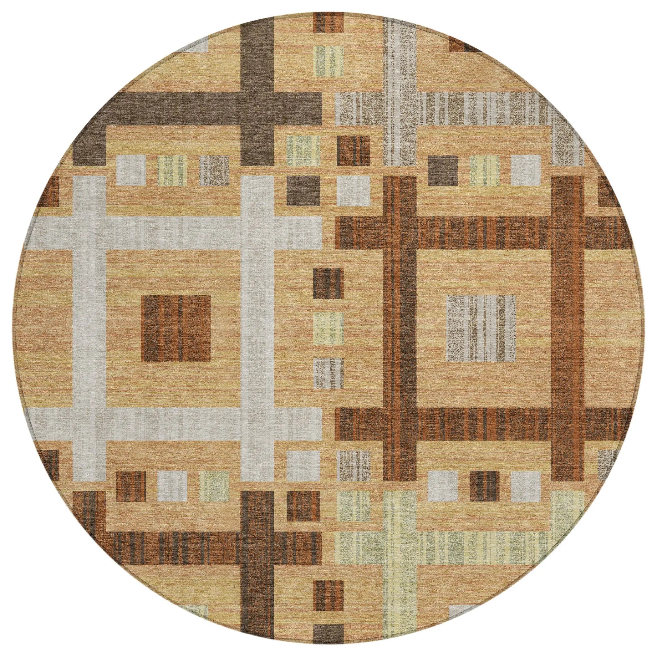 8' Copper And Brown Round Geometric Washable Indoor Outdoor Area Rug Homeroots Outdoor