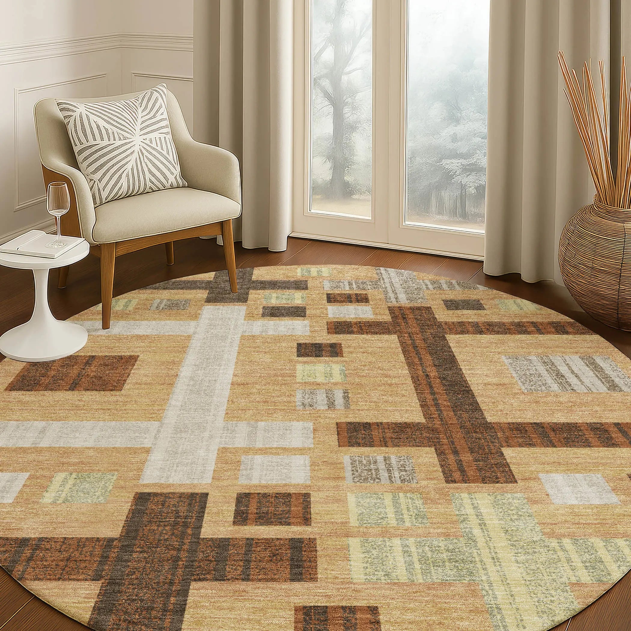 8' Copper And Brown Round Geometric Washable Indoor Outdoor Area Rug Homeroots Outdoor