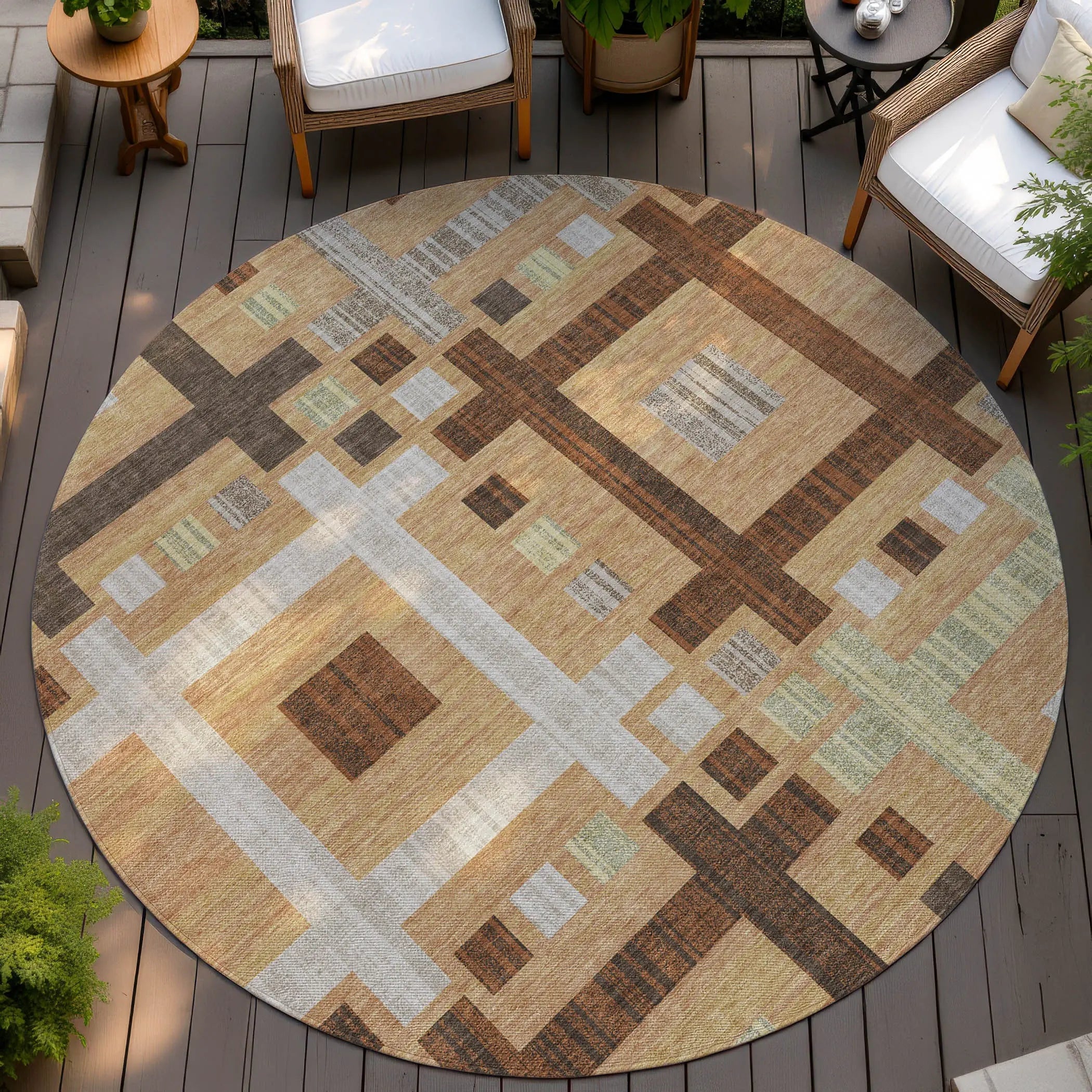 8' Copper And Brown Round Geometric Washable Indoor Outdoor Area Rug Homeroots Outdoor