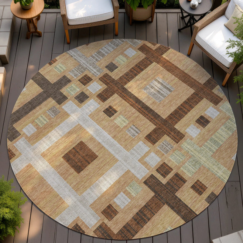 8' Copper And Brown Round Geometric Washable Indoor Outdoor Area Rug Homeroots Outdoor