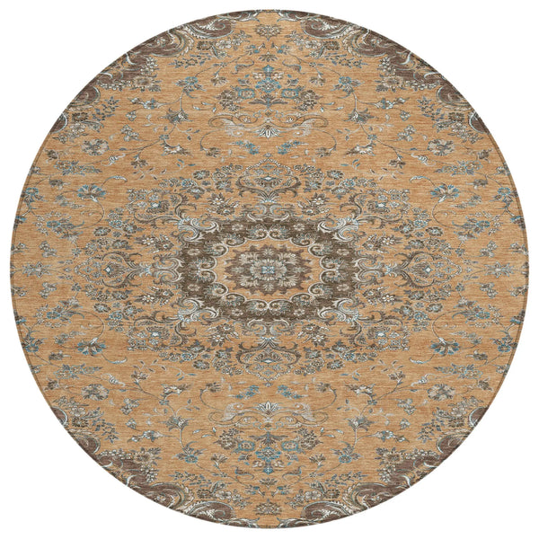 8' Copper And Chocolate Round Floral Medallion Washable Indoor Outdoor Area Rug Homeroots Outdoor