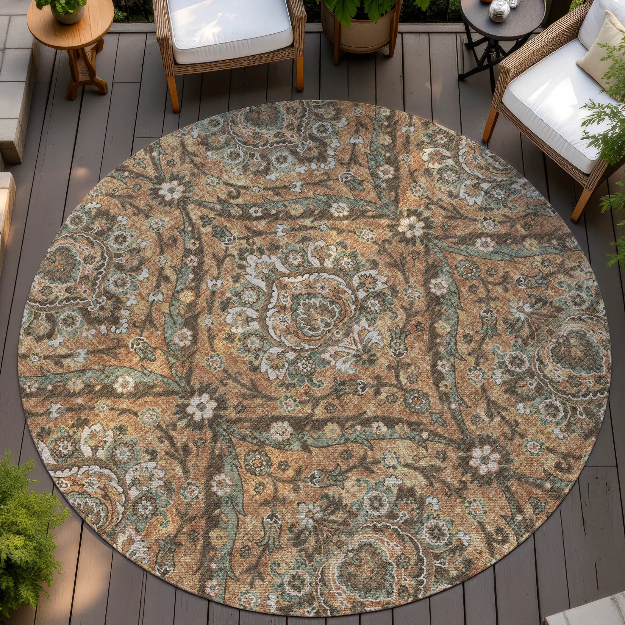 8' Copper And Gold Round Floral Washable Indoor Outdoor Area Rug Homeroots Outdoor